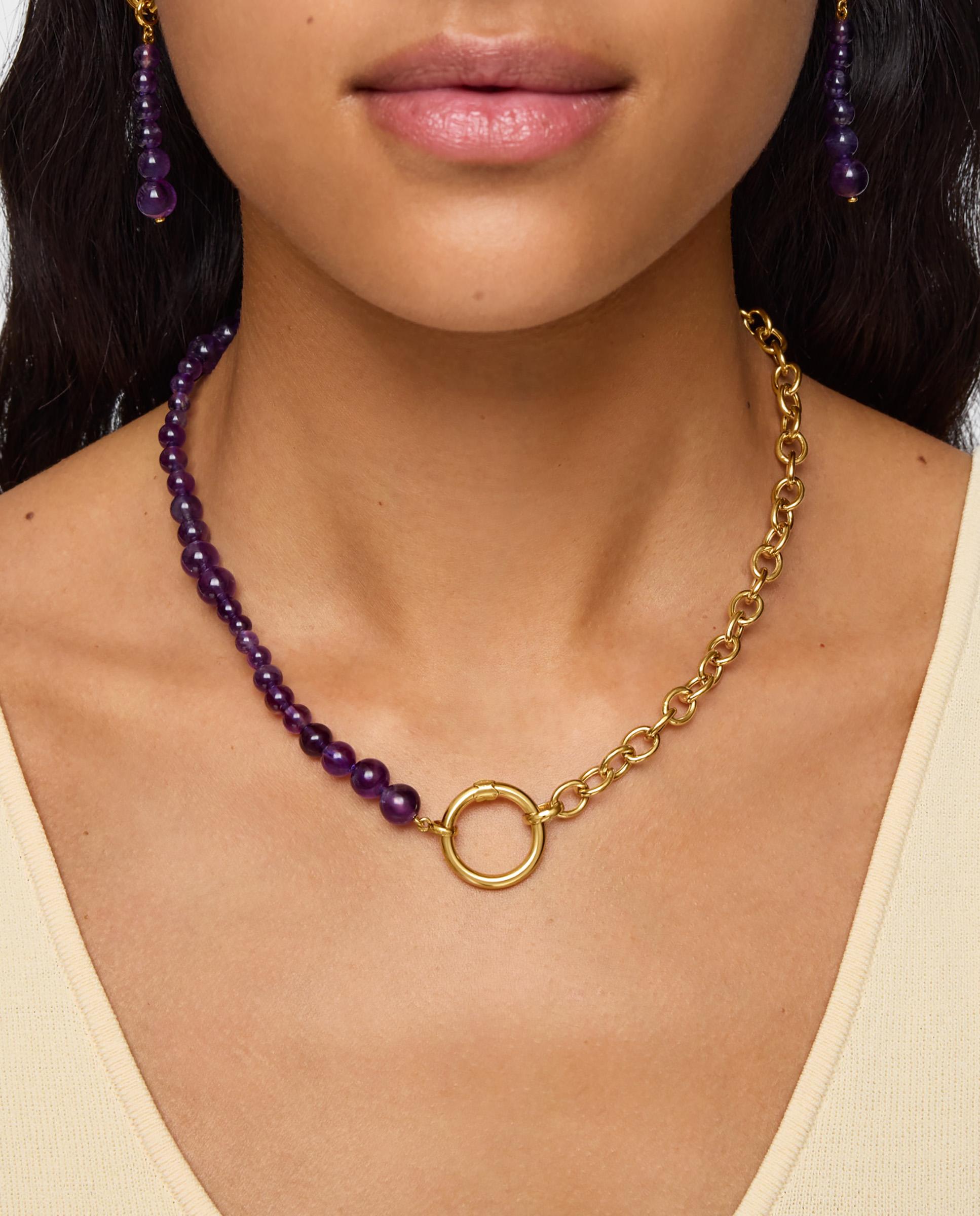 Corrente com Pendentes Hold Banhada a Ouro 18 Kt Sobre Prata e Ametista Roxo-6