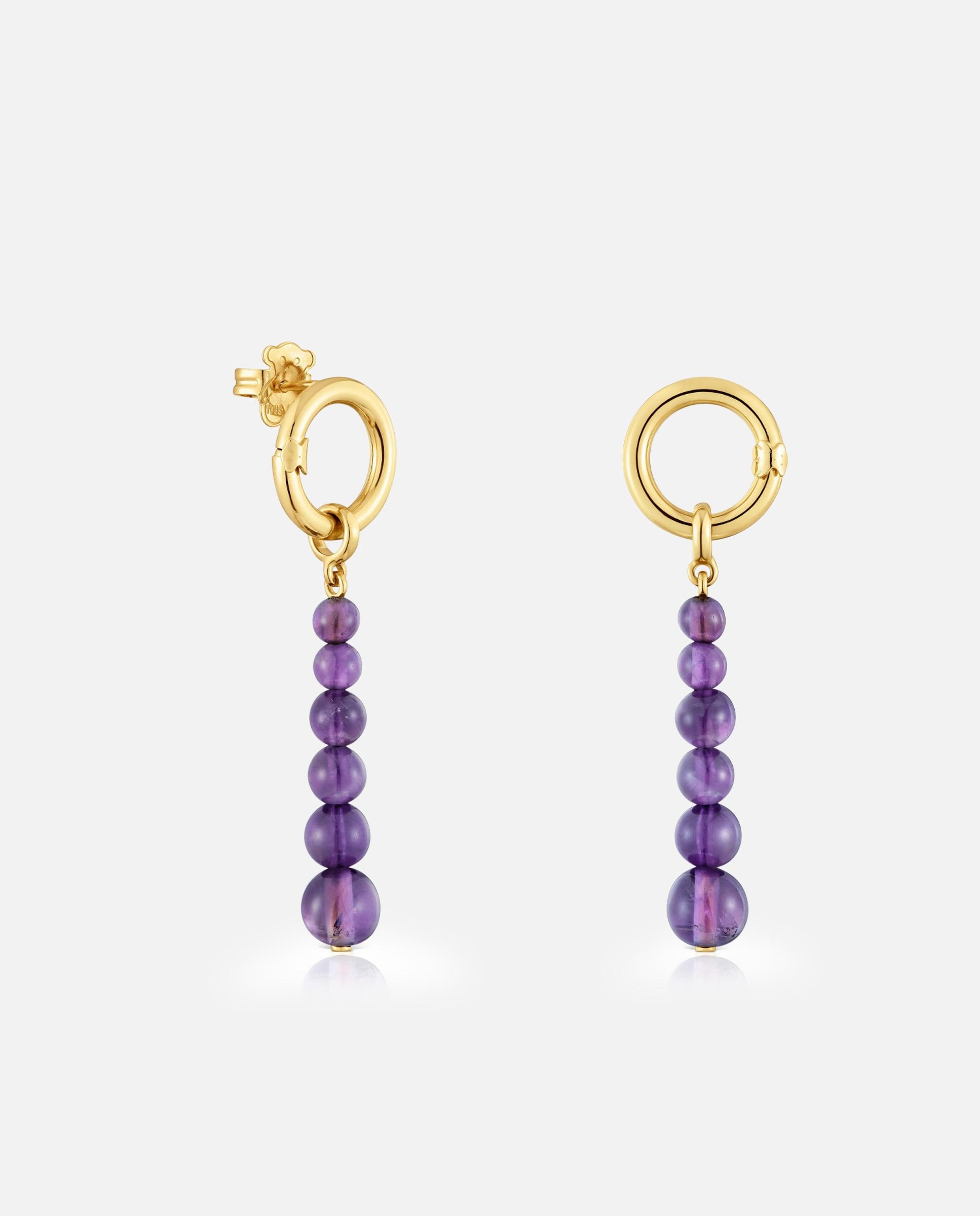 Brincos Hold Compridos Banhados a Ouro 18 Kt Sobre Prata e Ametista Roxo-1