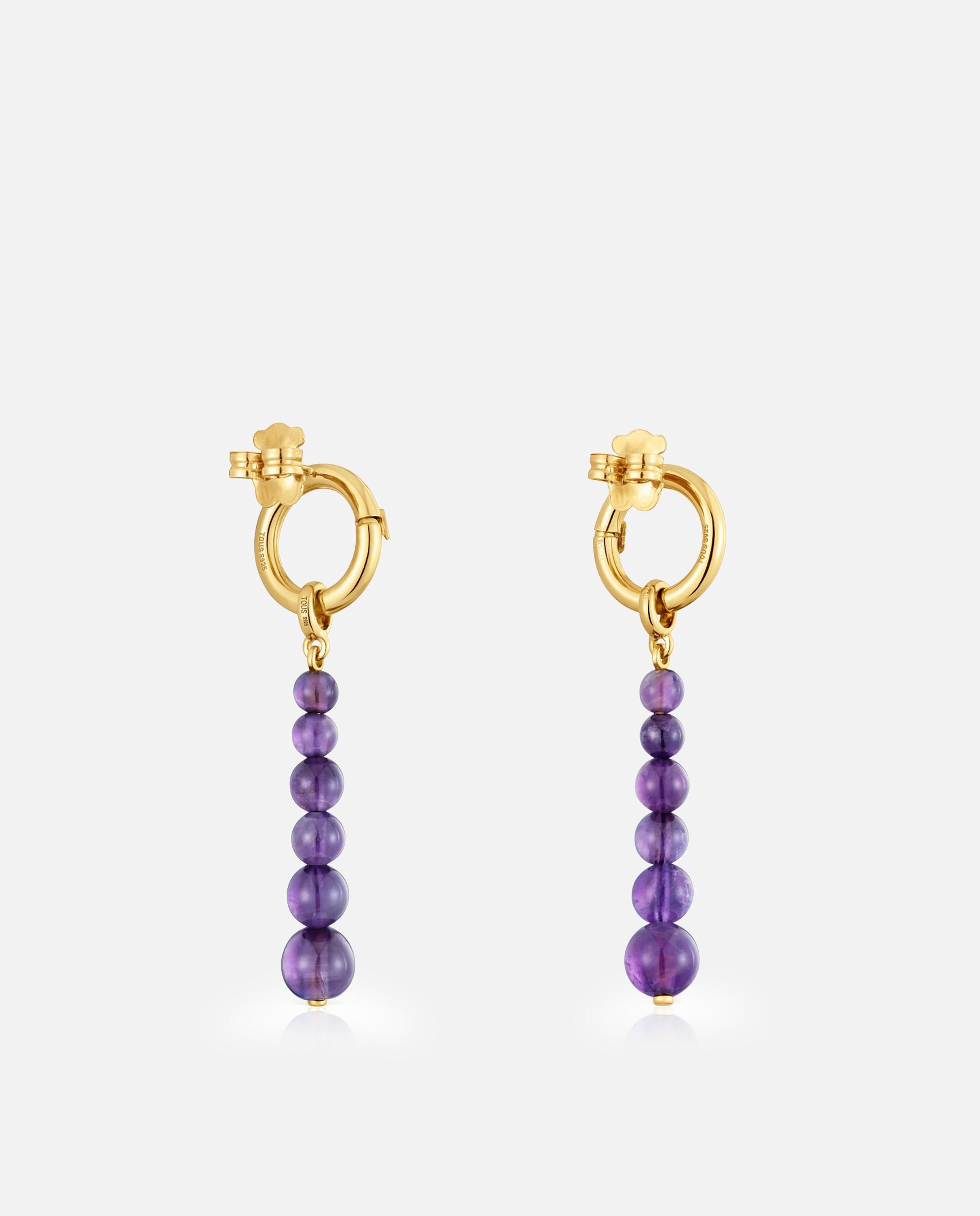 Brincos Hold Compridos Banhados a Ouro 18 Kt Sobre Prata e Ametista Roxo-3
