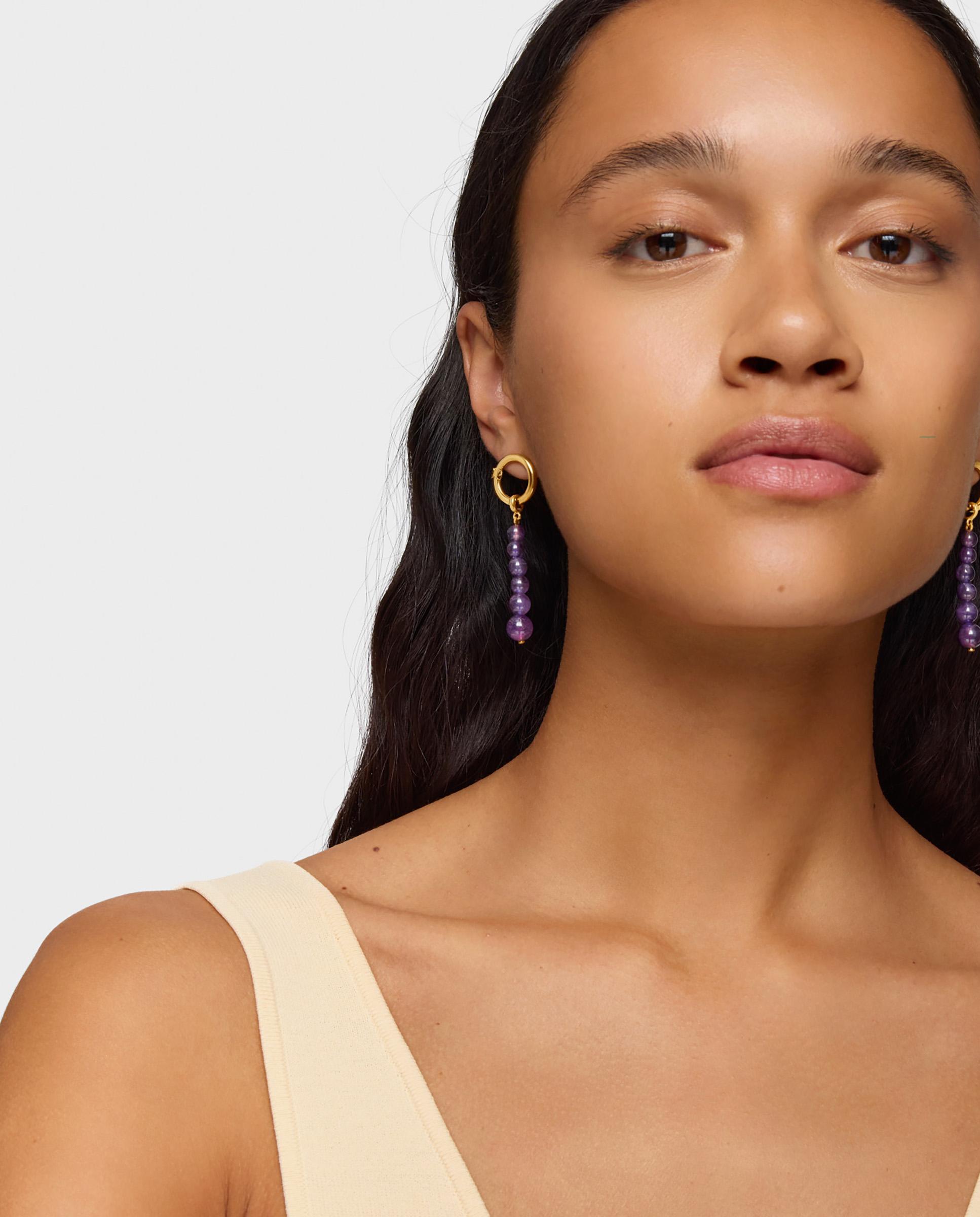 Brincos Hold Compridos Banhados a Ouro 18 Kt Sobre Prata e Ametista Roxo-4