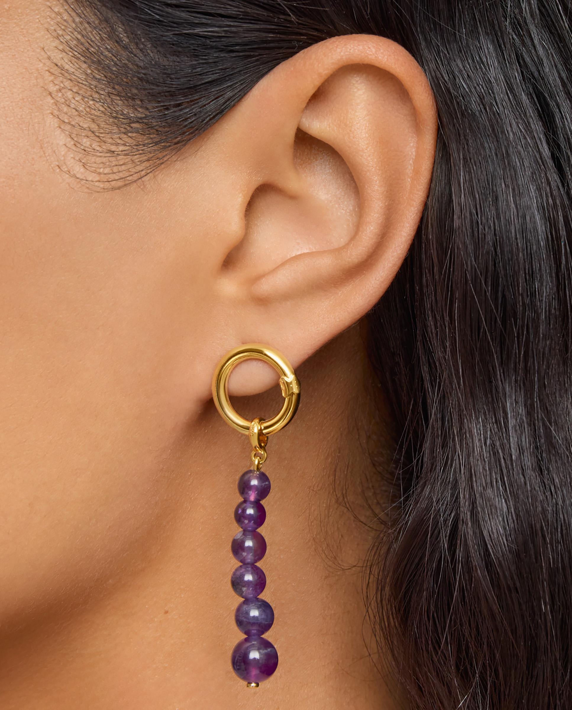 Brincos Hold Compridos Banhados a Ouro 18 Kt Sobre Prata e Ametista Roxo-6