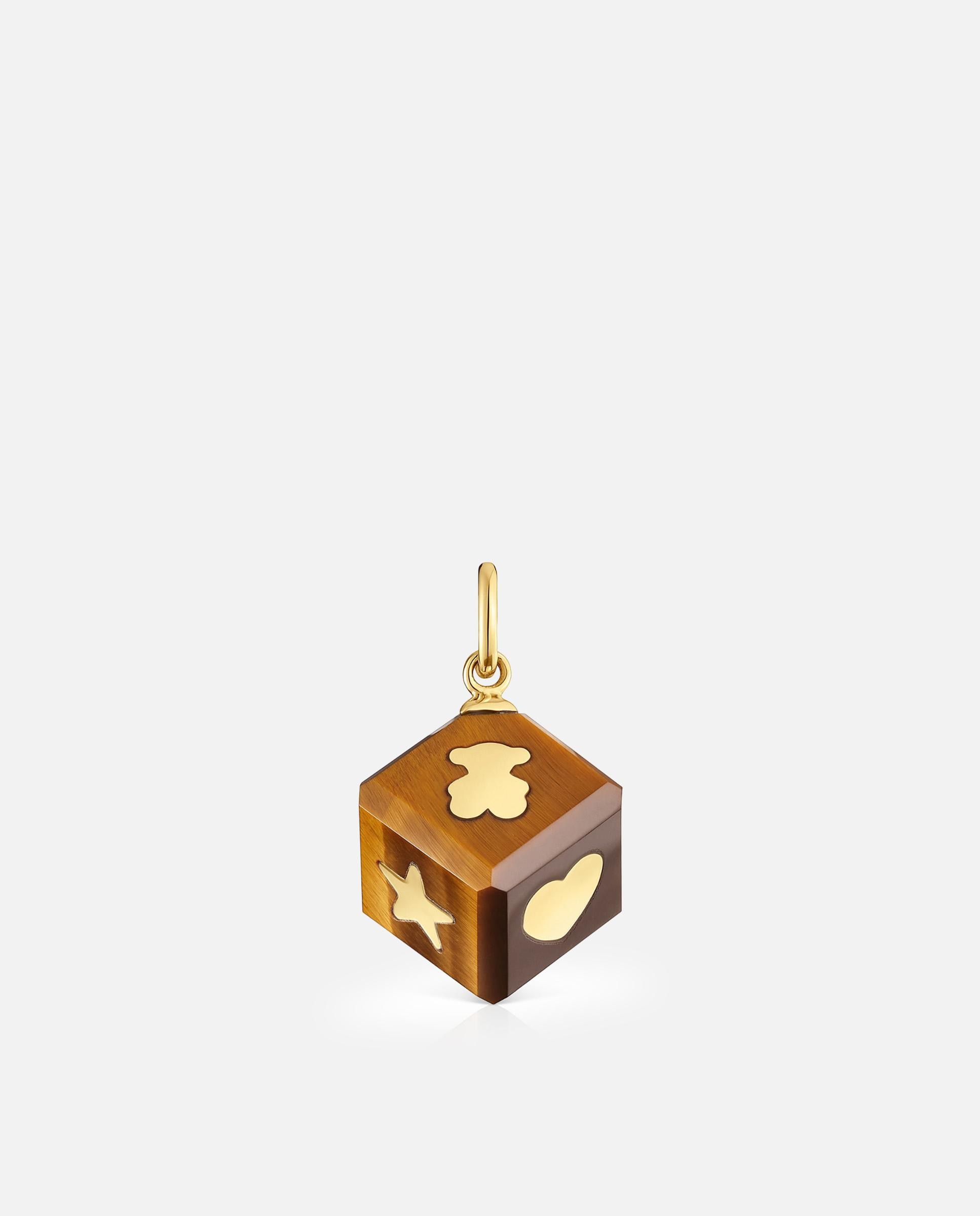 Pendente Cube de Ouro 14 Kt e Olho de Tigre Castanho-1