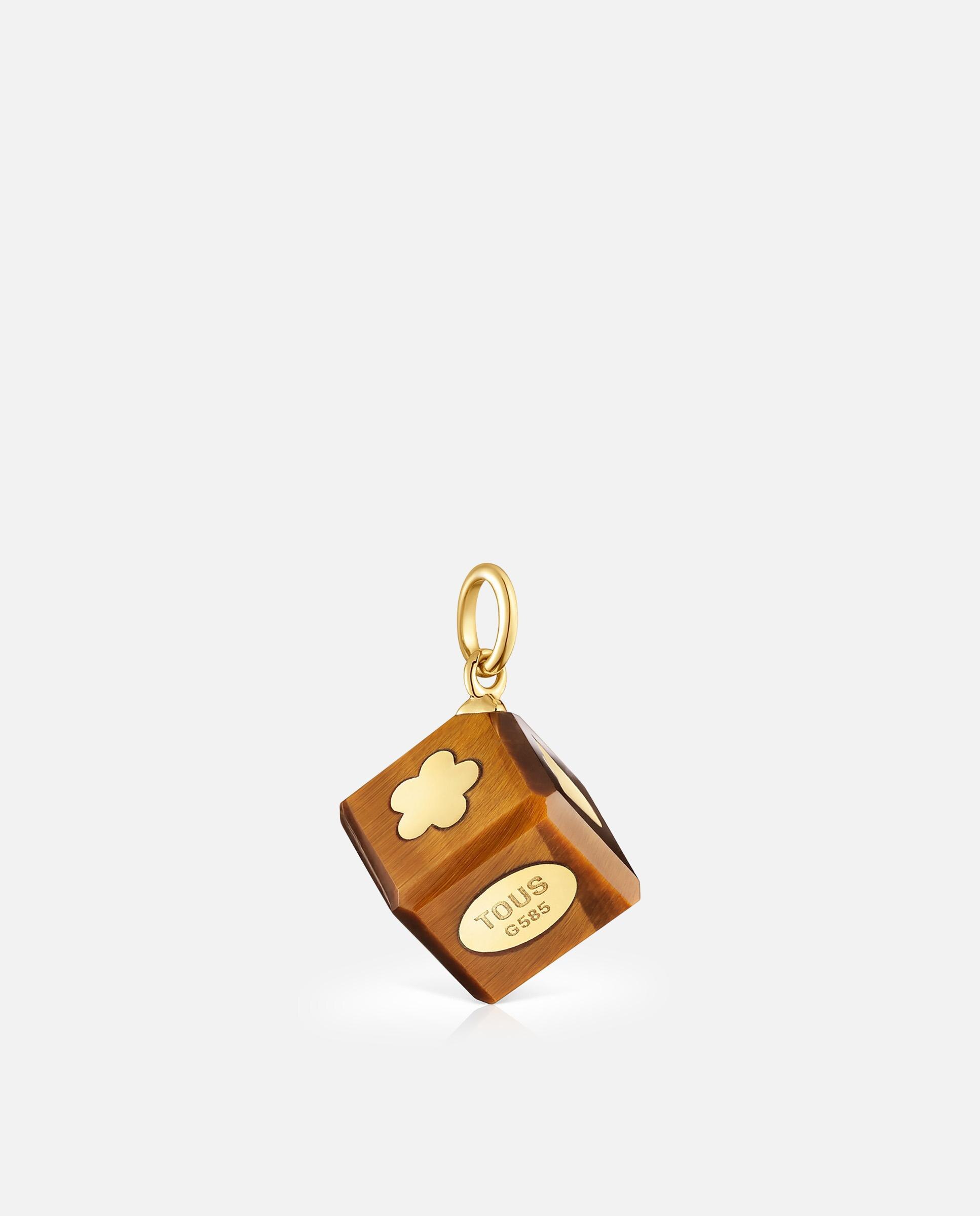 Pendente Cube de Ouro 14 Kt e Olho de Tigre Castanho-3