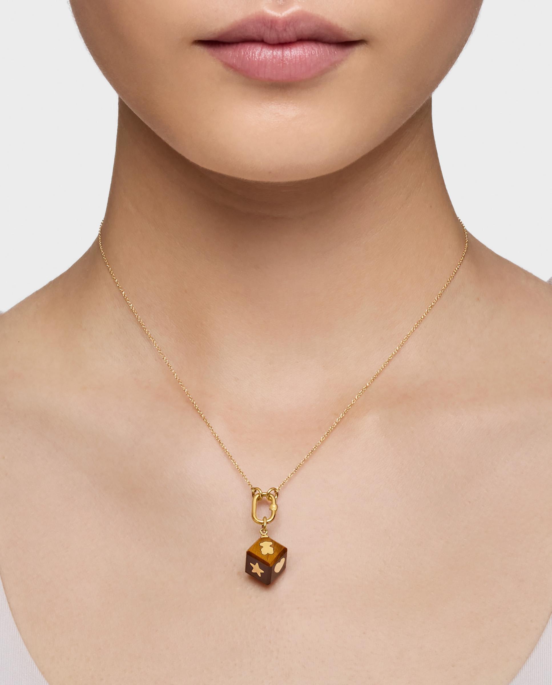 Pendente Cube de Ouro 14 Kt e Olho de Tigre Castanho-6
