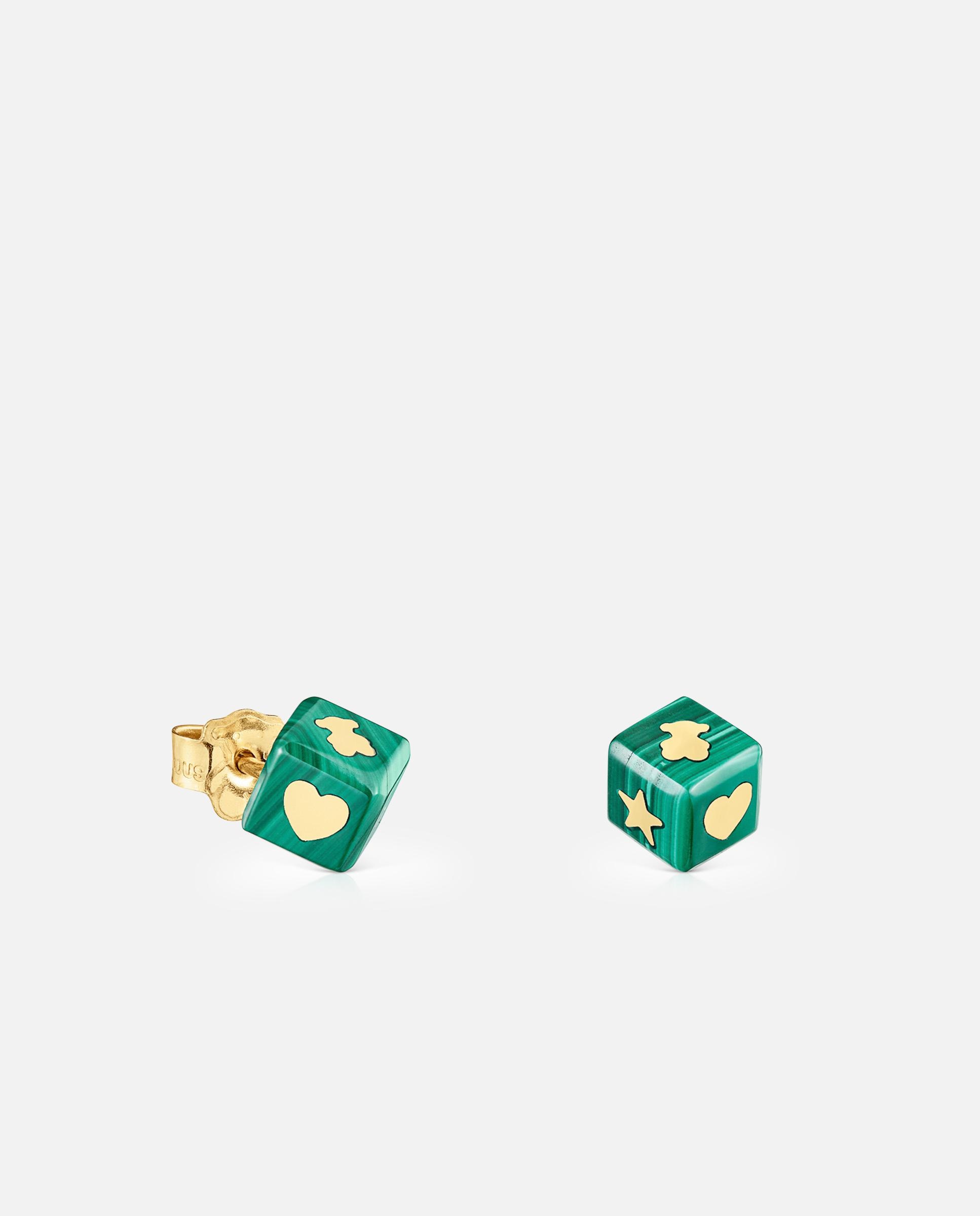 Brincos Cube de Ouro 14 Kt e Malaquita Verde-1