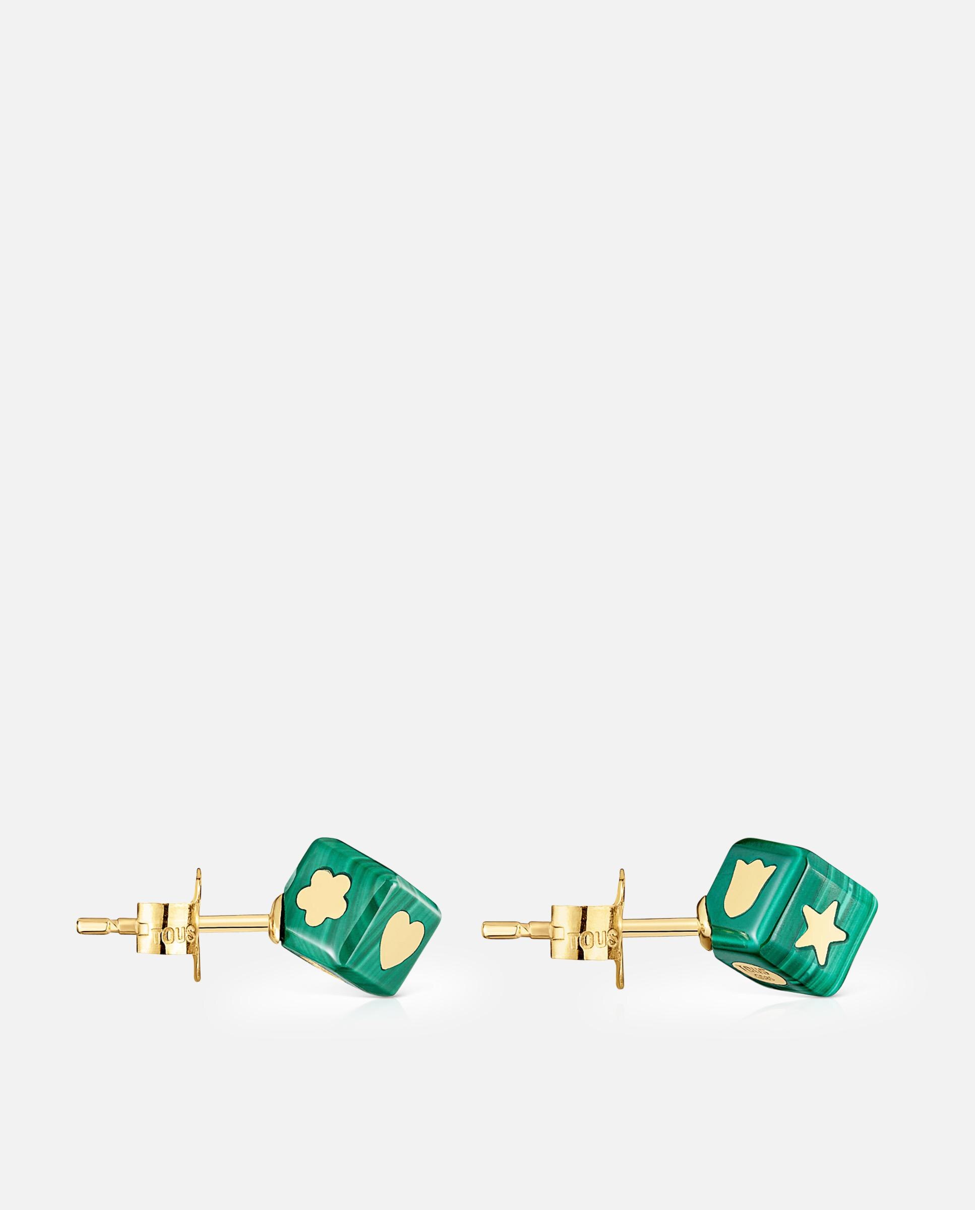 Brincos Cube de Ouro 14 Kt e Malaquita Verde-2