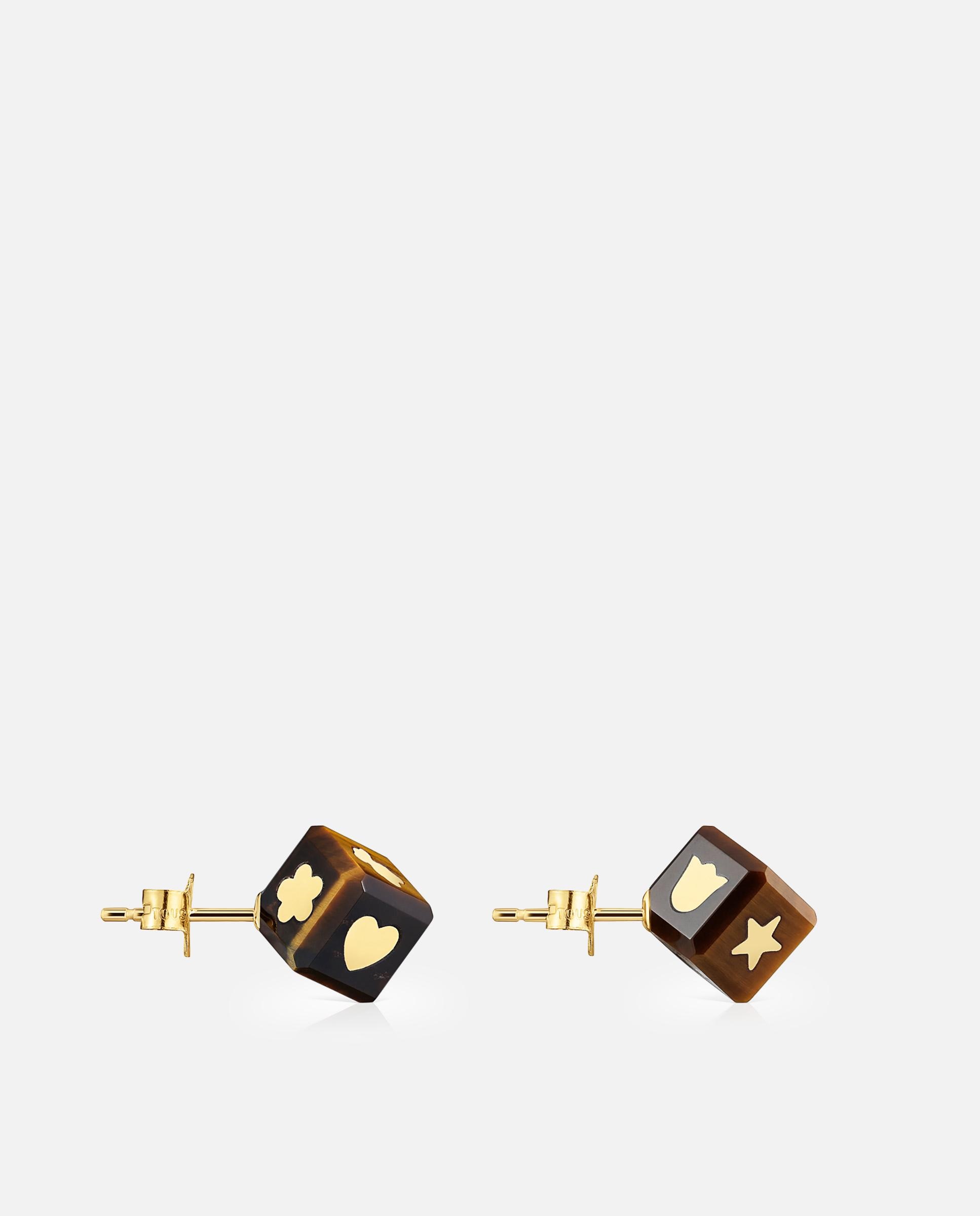 Brincos Cube de Ouro 14 Kt e Olho de Tigre Castanho-2