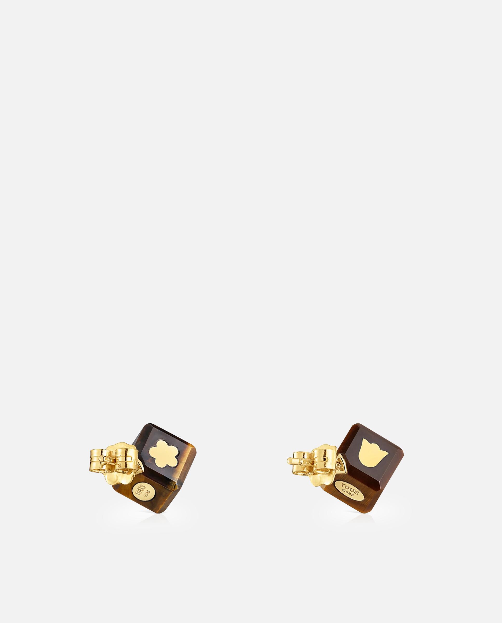 Brincos Cube de Ouro 14 Kt e Olho de Tigre Castanho-3