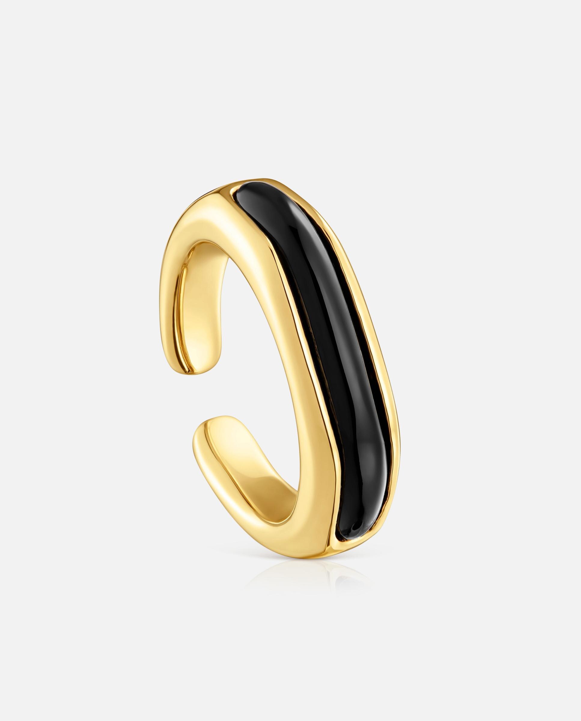 Anel com Pedra Line Banhado a Ouro 18 Kt Sobre Prata e Ónix Preto-1