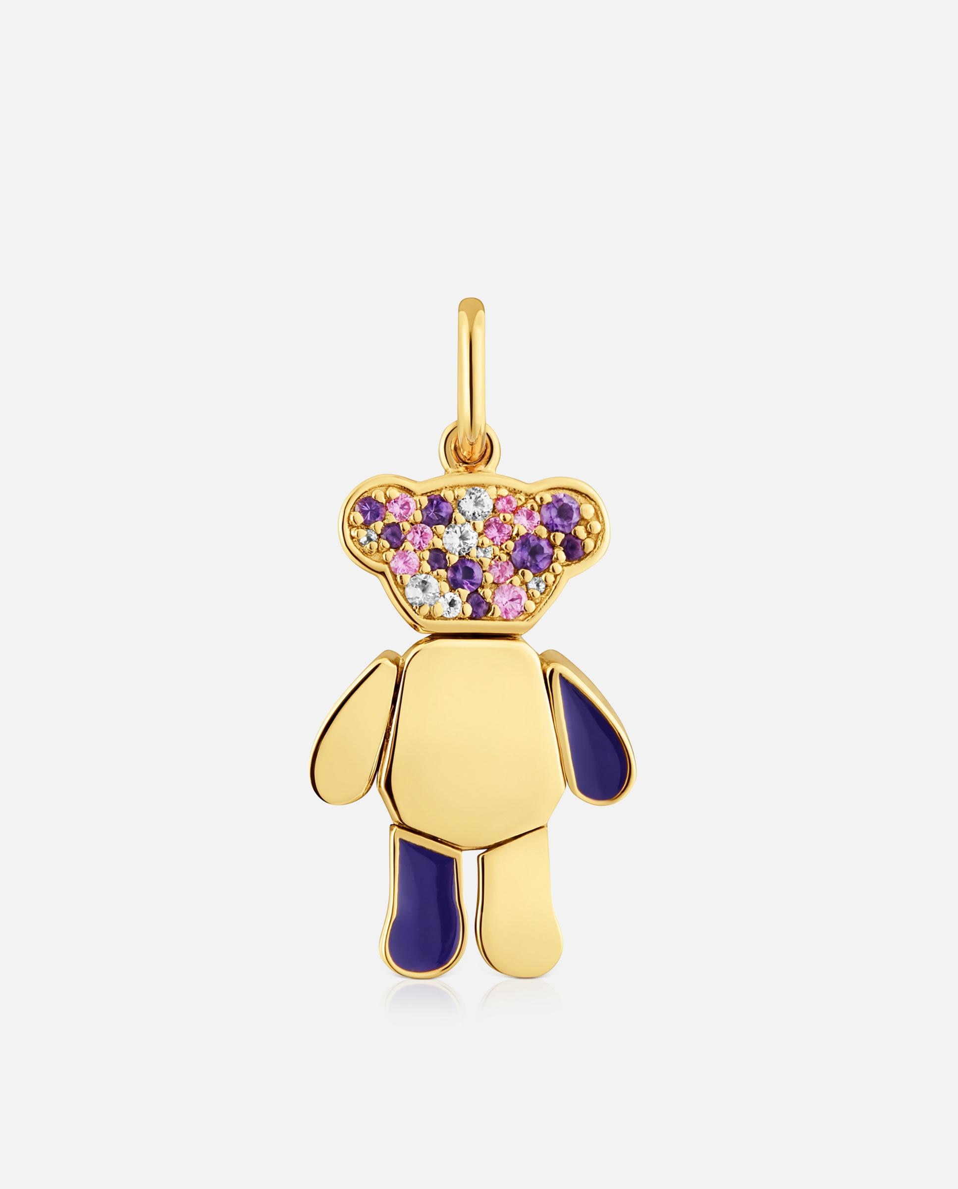 Pendente Teddy Bear Urso Banhado em Ouro 18 Kt Sobre Prata e Ametistas Roxo-1