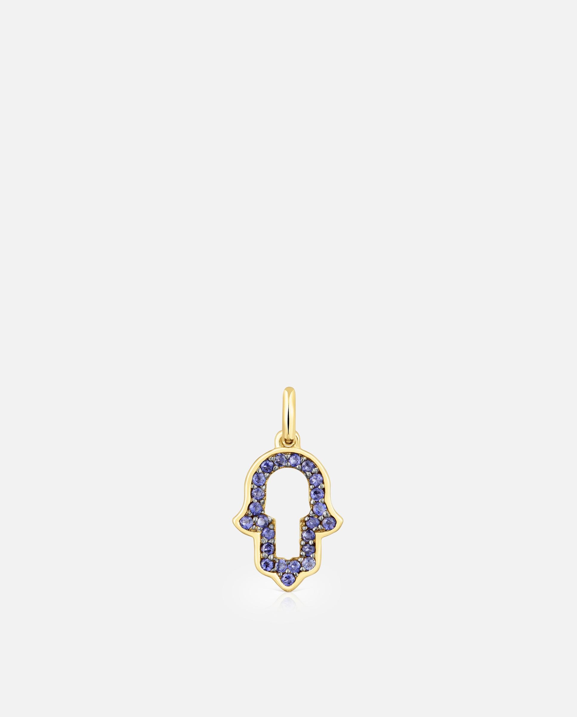 Pendentes Medallions Mão de Fátima de Ouro 14 Kt e Iolita Azul-1