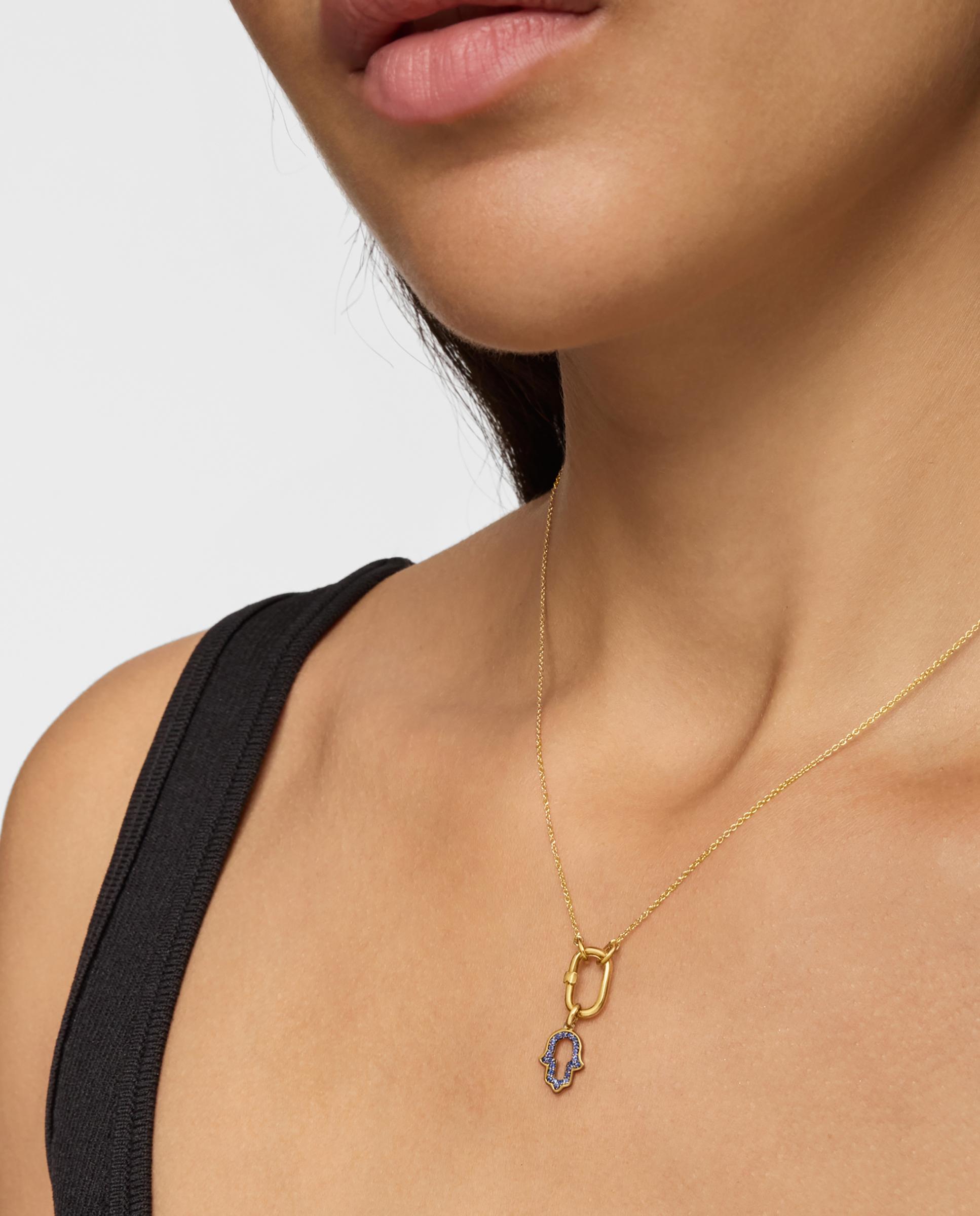 Pendentes Medallions Mão de Fátima de Ouro 14 Kt e Iolita Azul-6