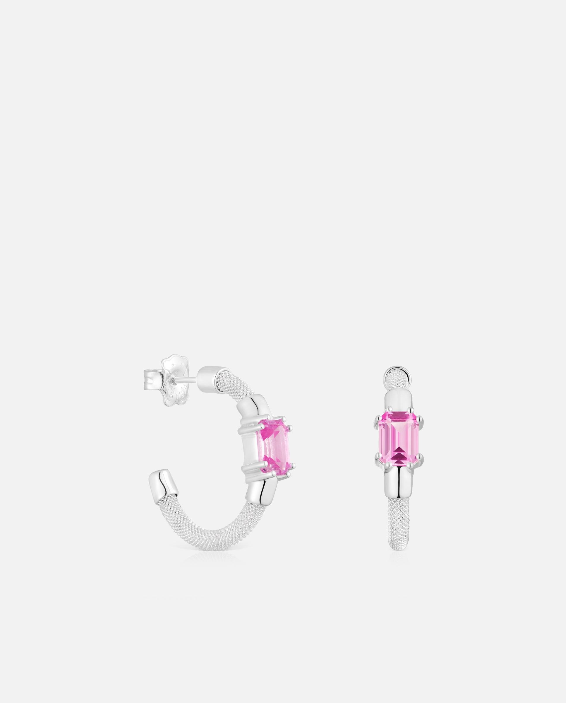 Brincos de Argola Mesh Lgg de Prata e Safira Rosa-1