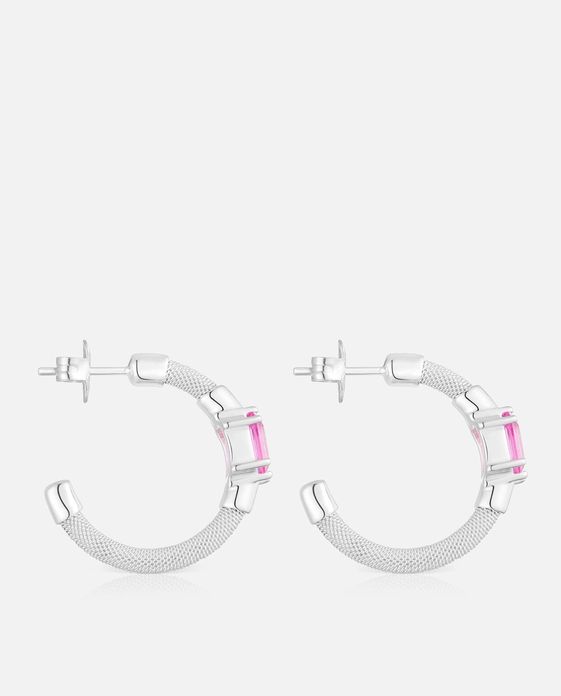 Brincos de Argola Mesh Lgg de Prata e Safira Rosa-2