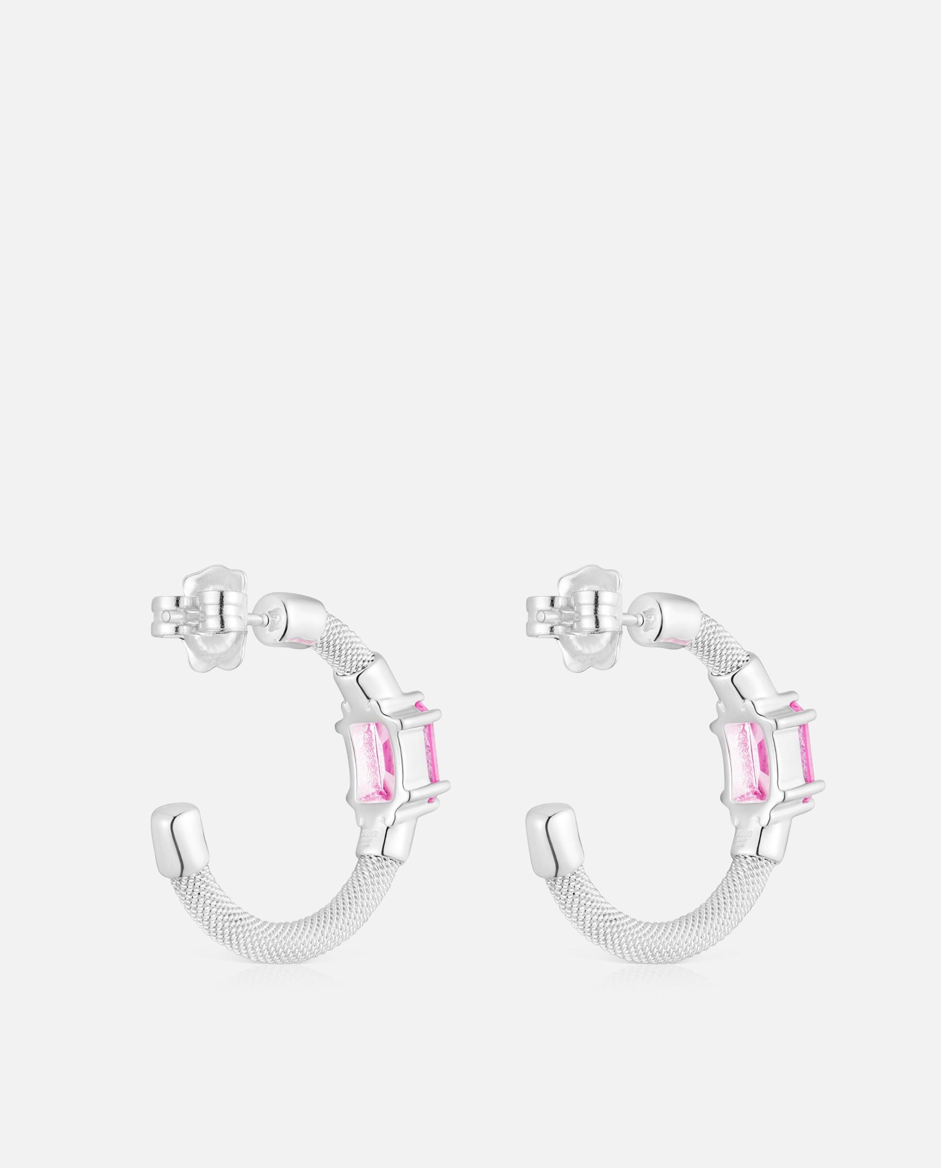 Brincos de Argola Mesh Lgg de Prata e Safira Rosa-3