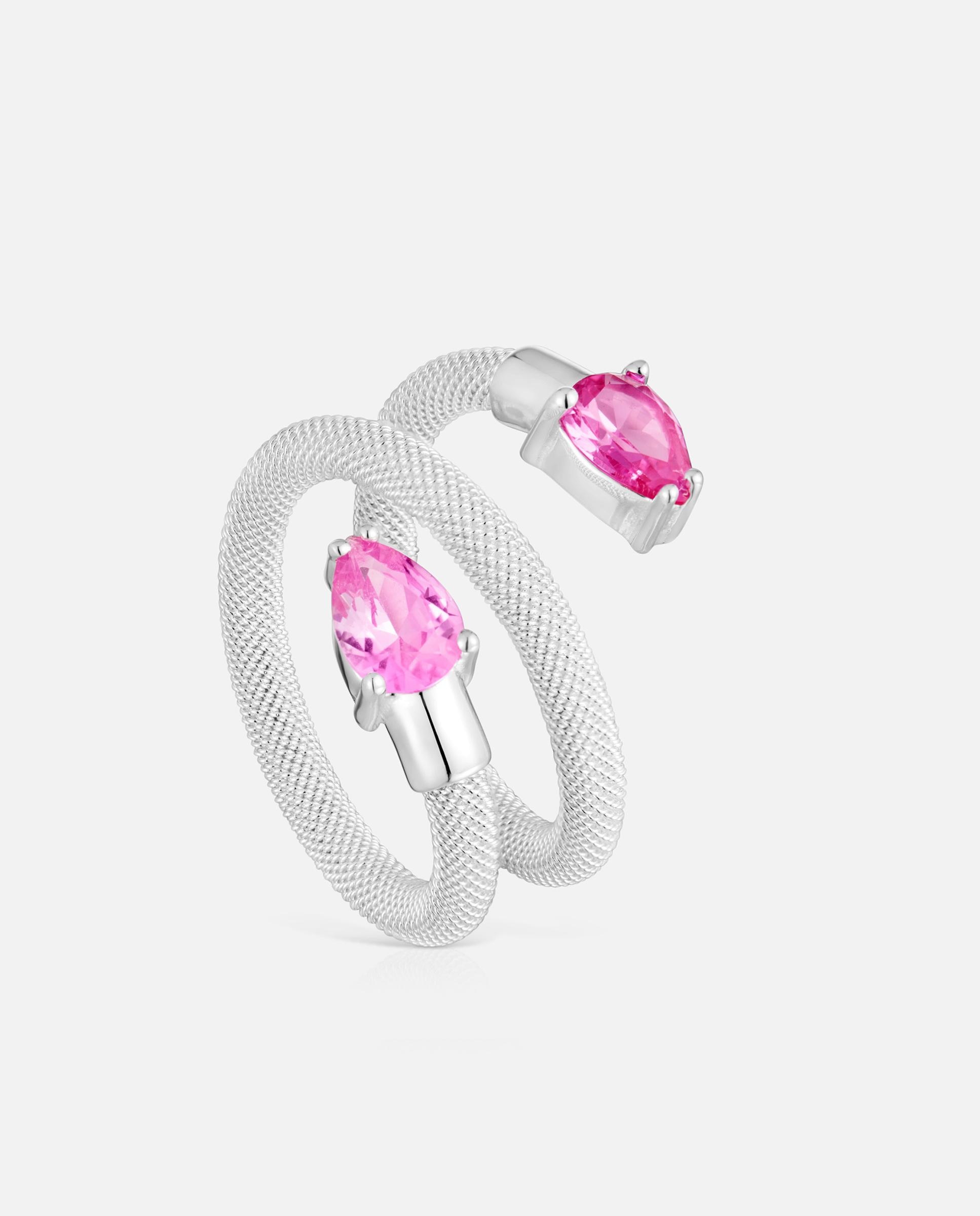 Anel Mesh Lgg Espiral de Prata e Gemas Criadas em Laboratório Rosa-1
