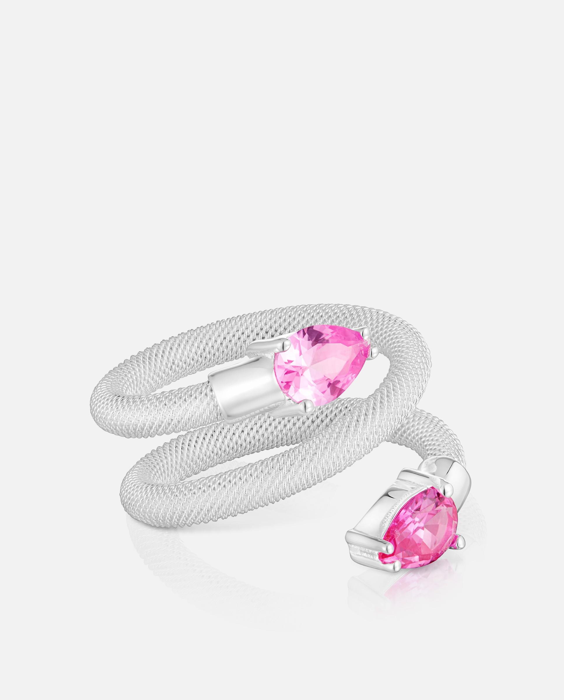 Anel Mesh Lgg Espiral de Prata e Gemas Criadas em Laboratório Rosa-2