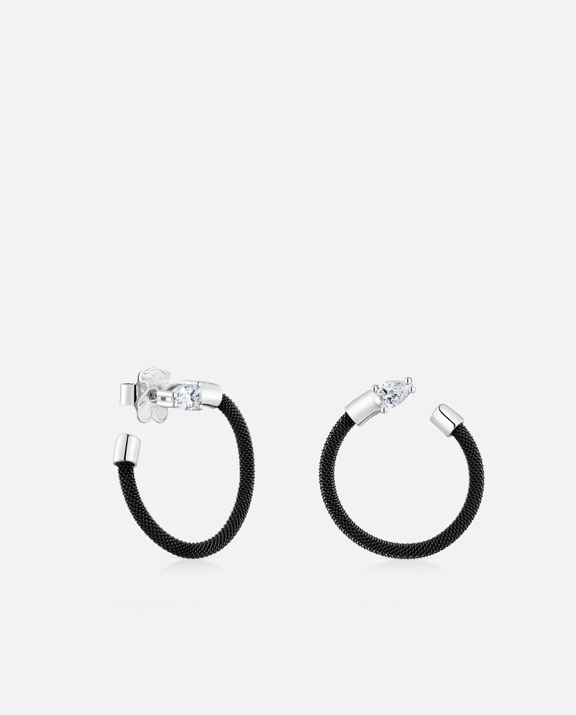 Brincos de Argola Mesh Lgd de Platina, Aço Preto e Diamantes Multicolor-1