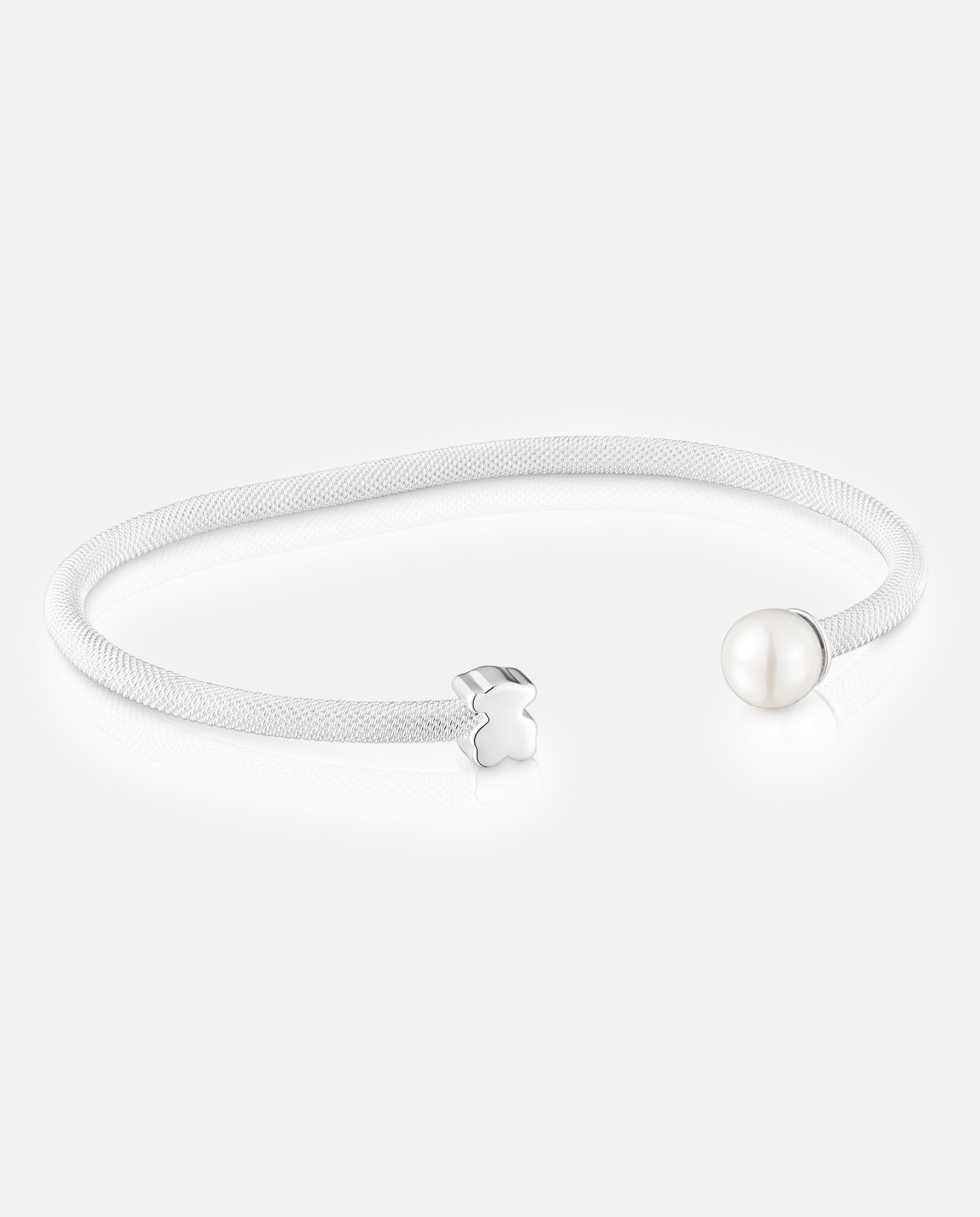 Pulseira Rígida Icon Mesh de Prata e Pérola Branco-1