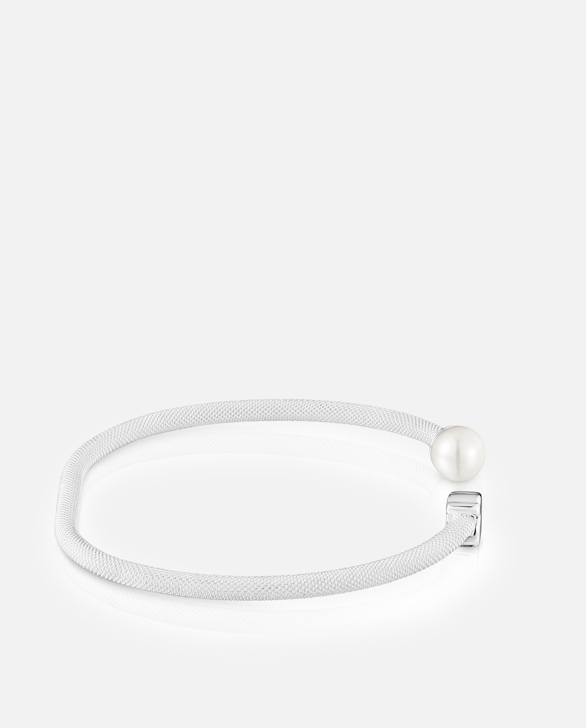 Pulseira Rígida Icon Mesh de Prata e Pérola Branco-2