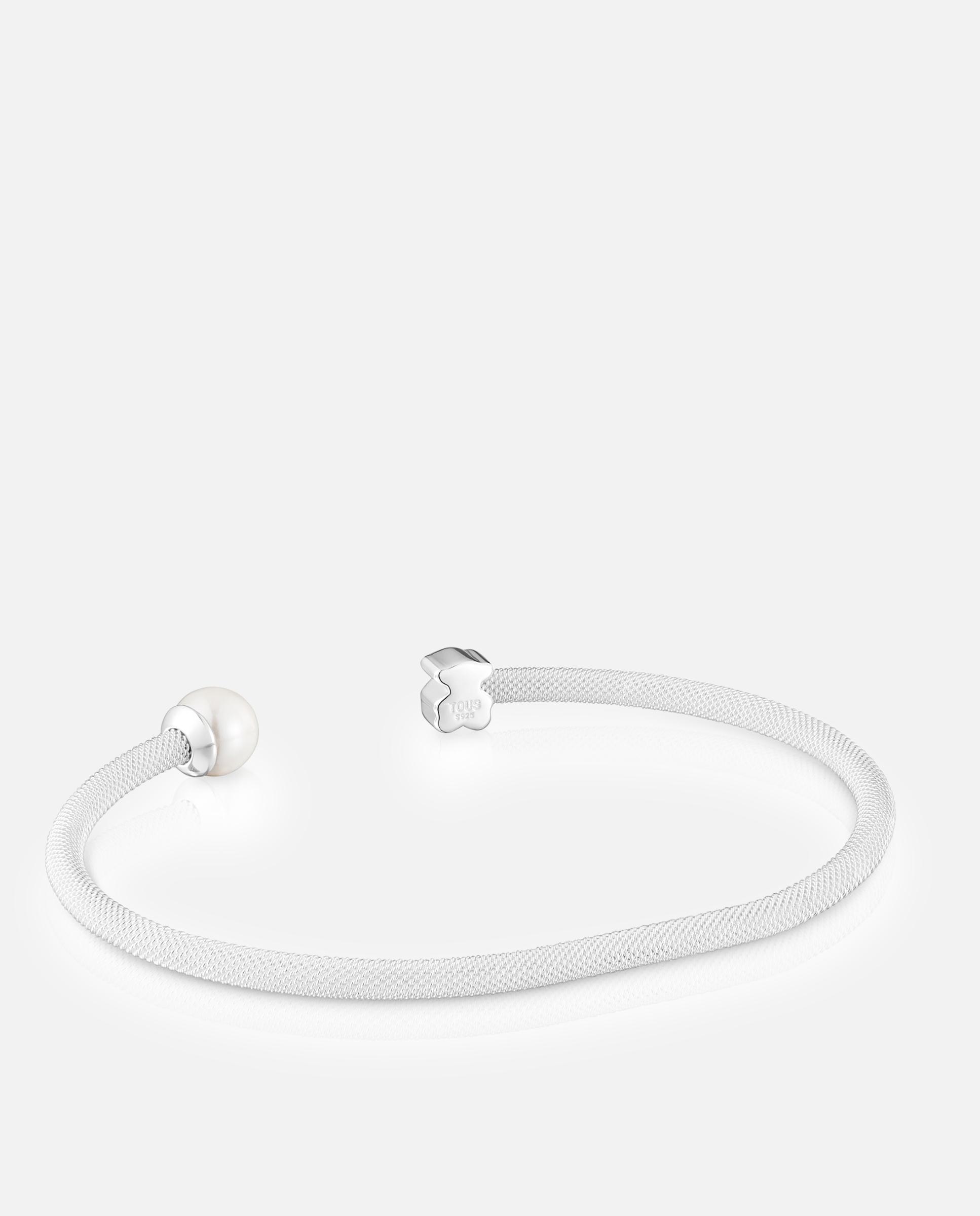 Pulseira Rígida Icon Mesh de Prata e Pérola Branco-3