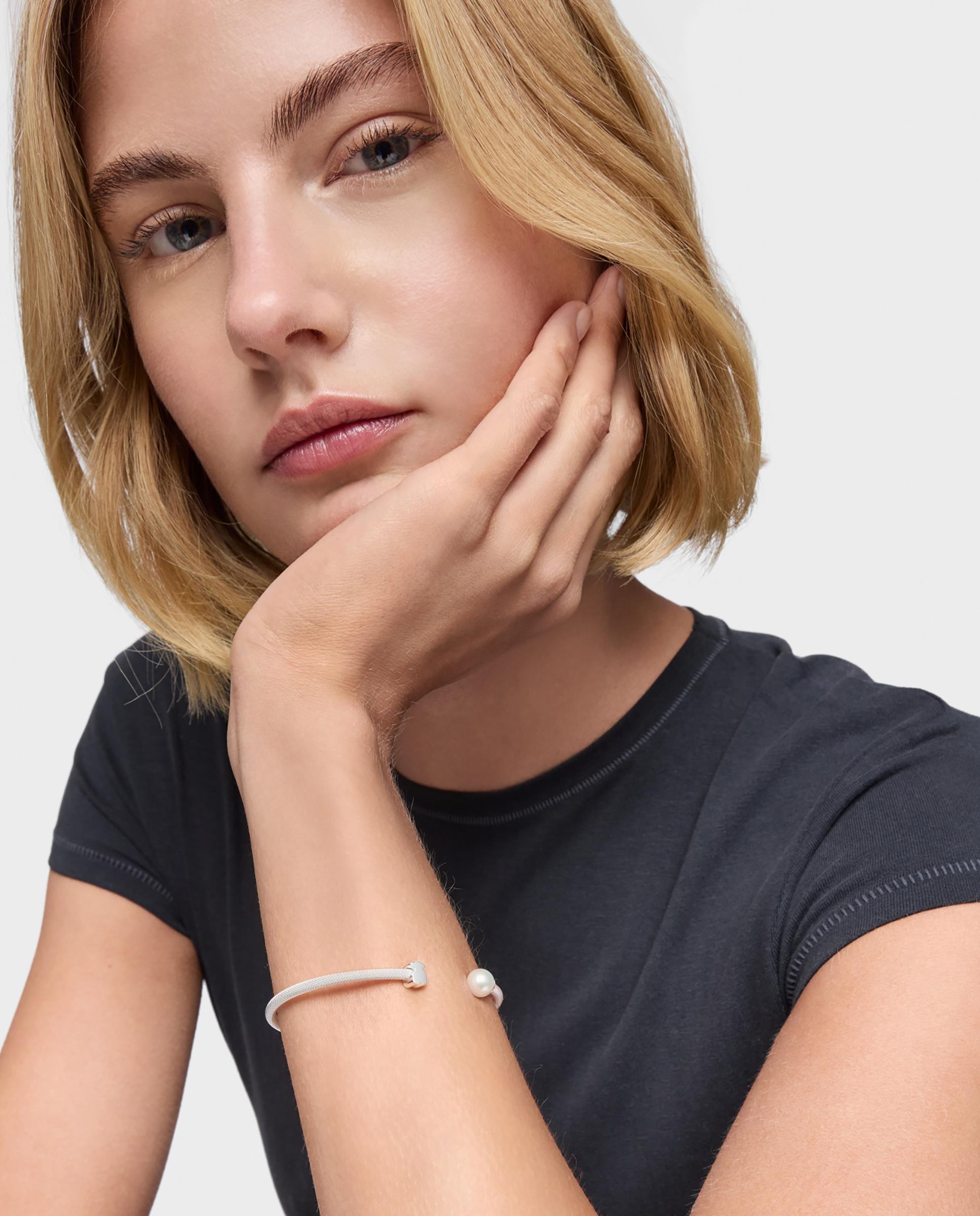 Pulseira Rígida Icon Mesh de Prata e Pérola Branco-4