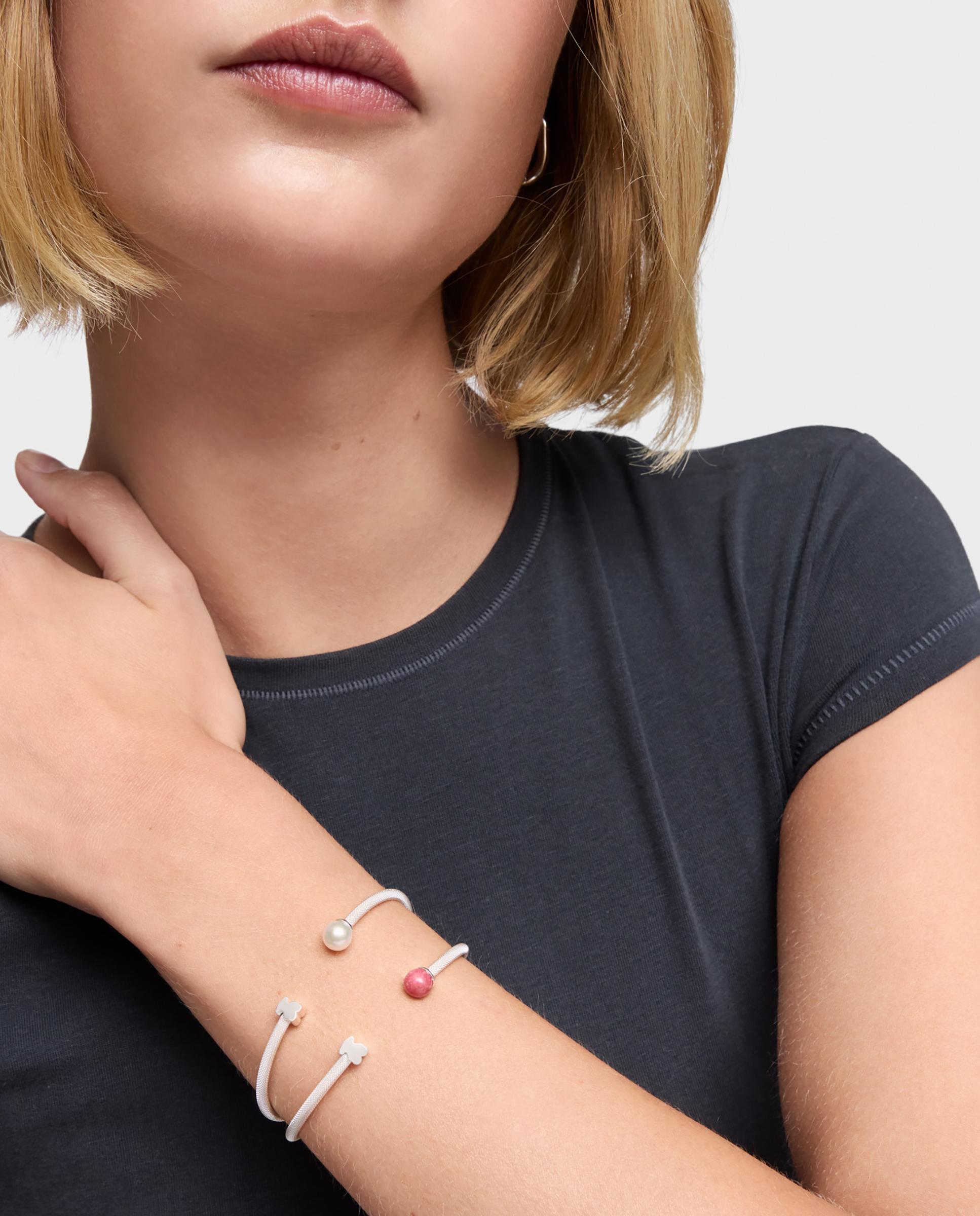 Pulseira Rígida Icon Mesh de Prata e Pérola Branco-5