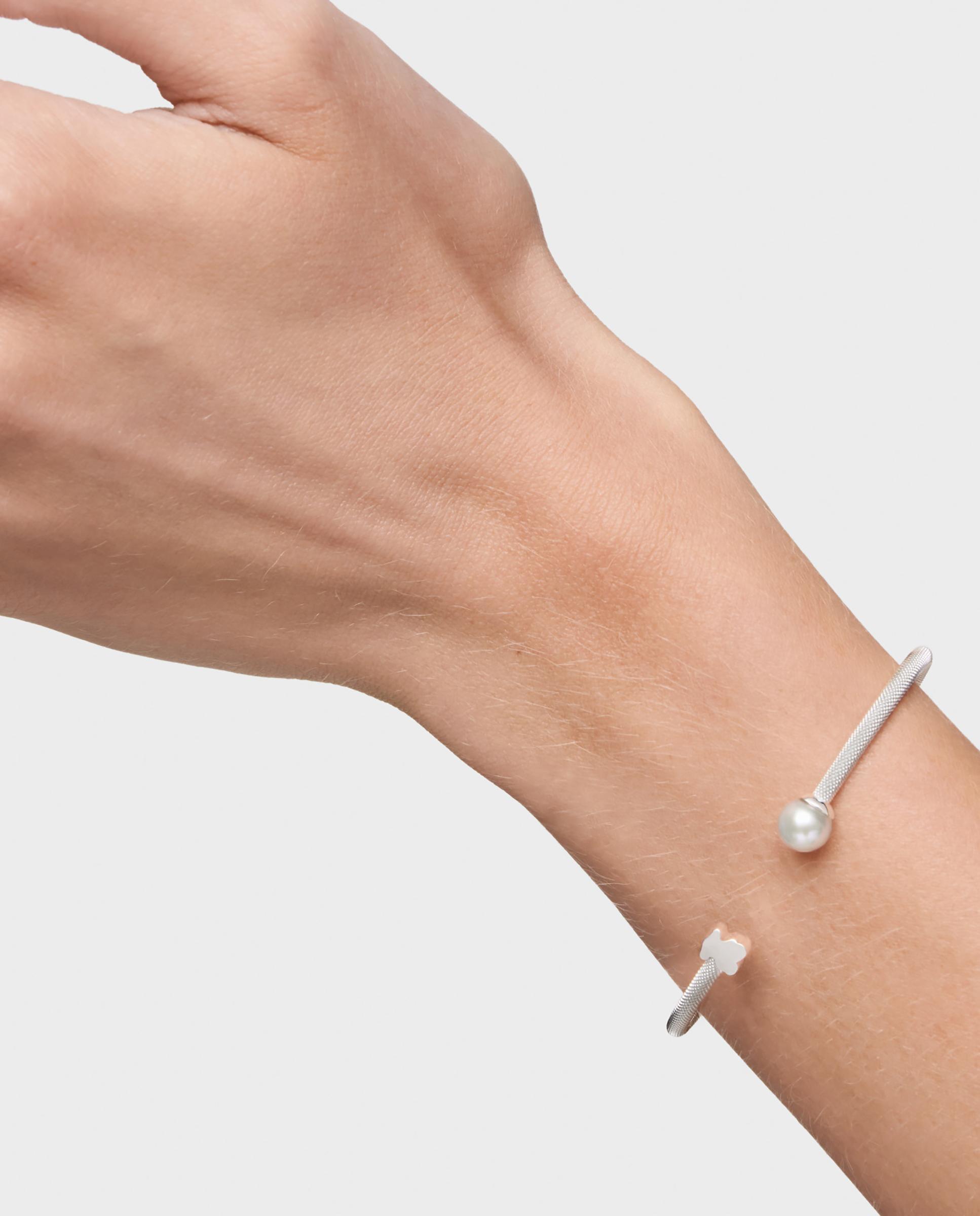 Pulseira Rígida Icon Mesh de Prata e Pérola Branco-6