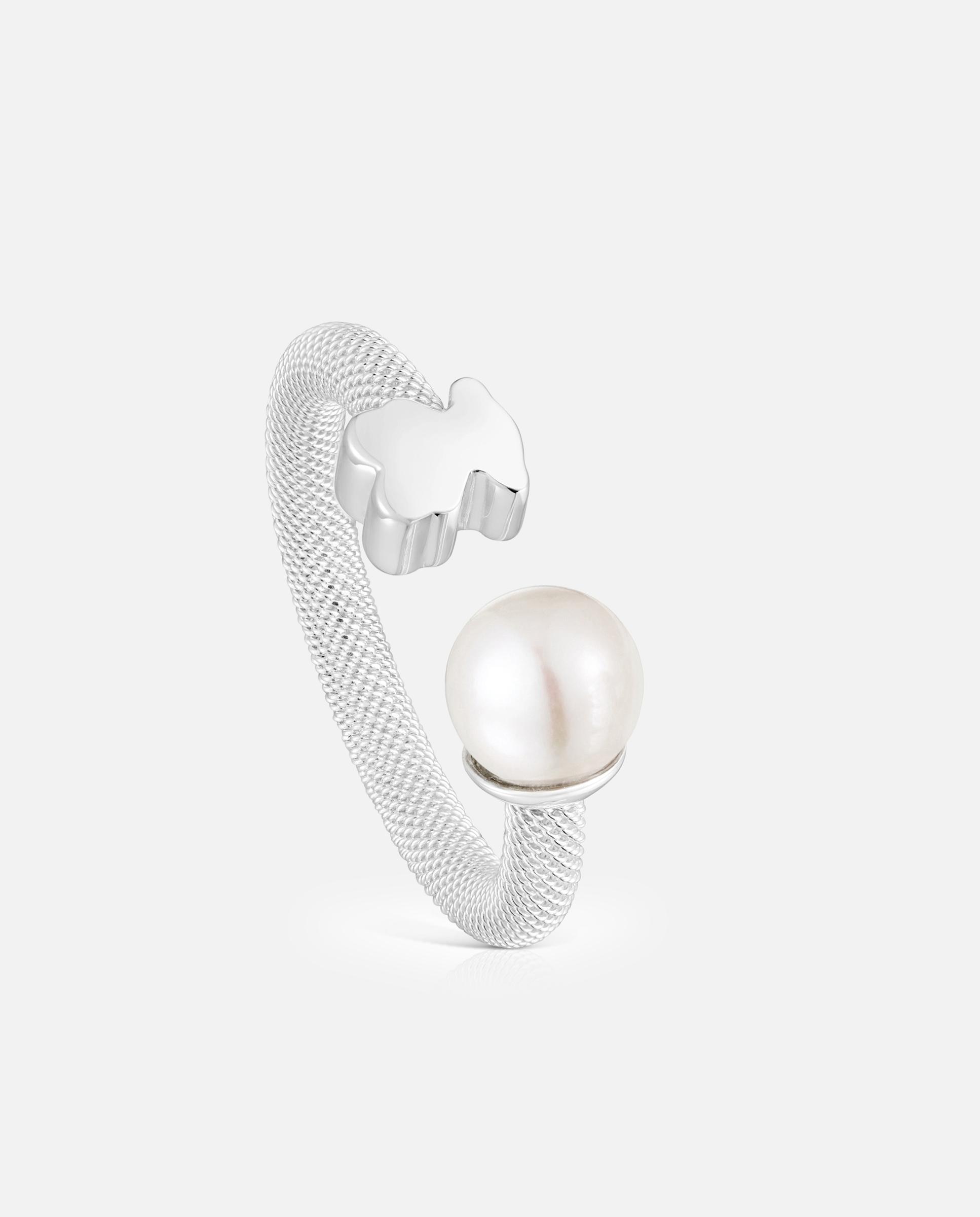 Anel com Pedras Aberto Icon Mesh de Prata e Pérola Branco-1
