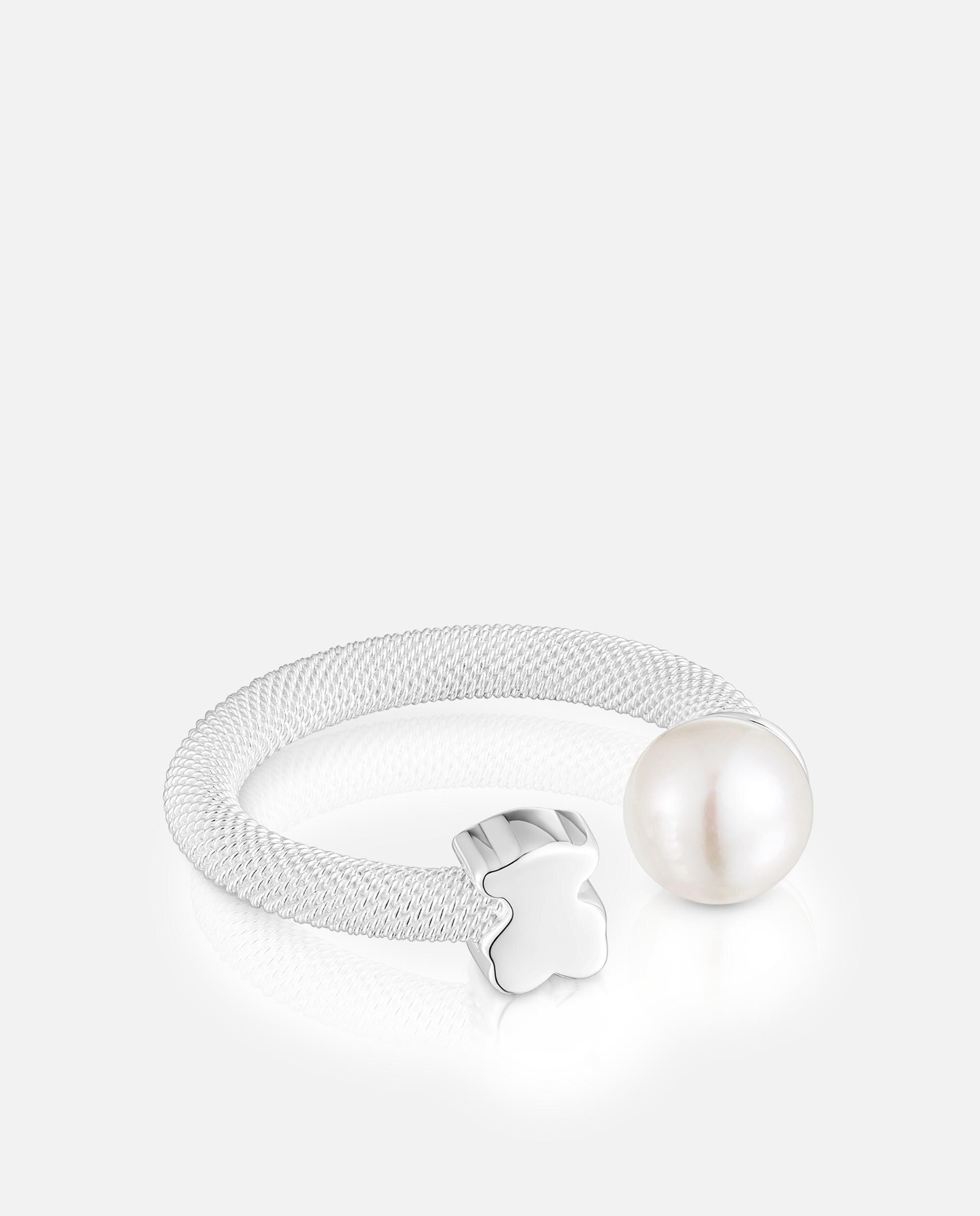 Anel com Pedras Aberto Icon Mesh de Prata e Pérola Branco-2