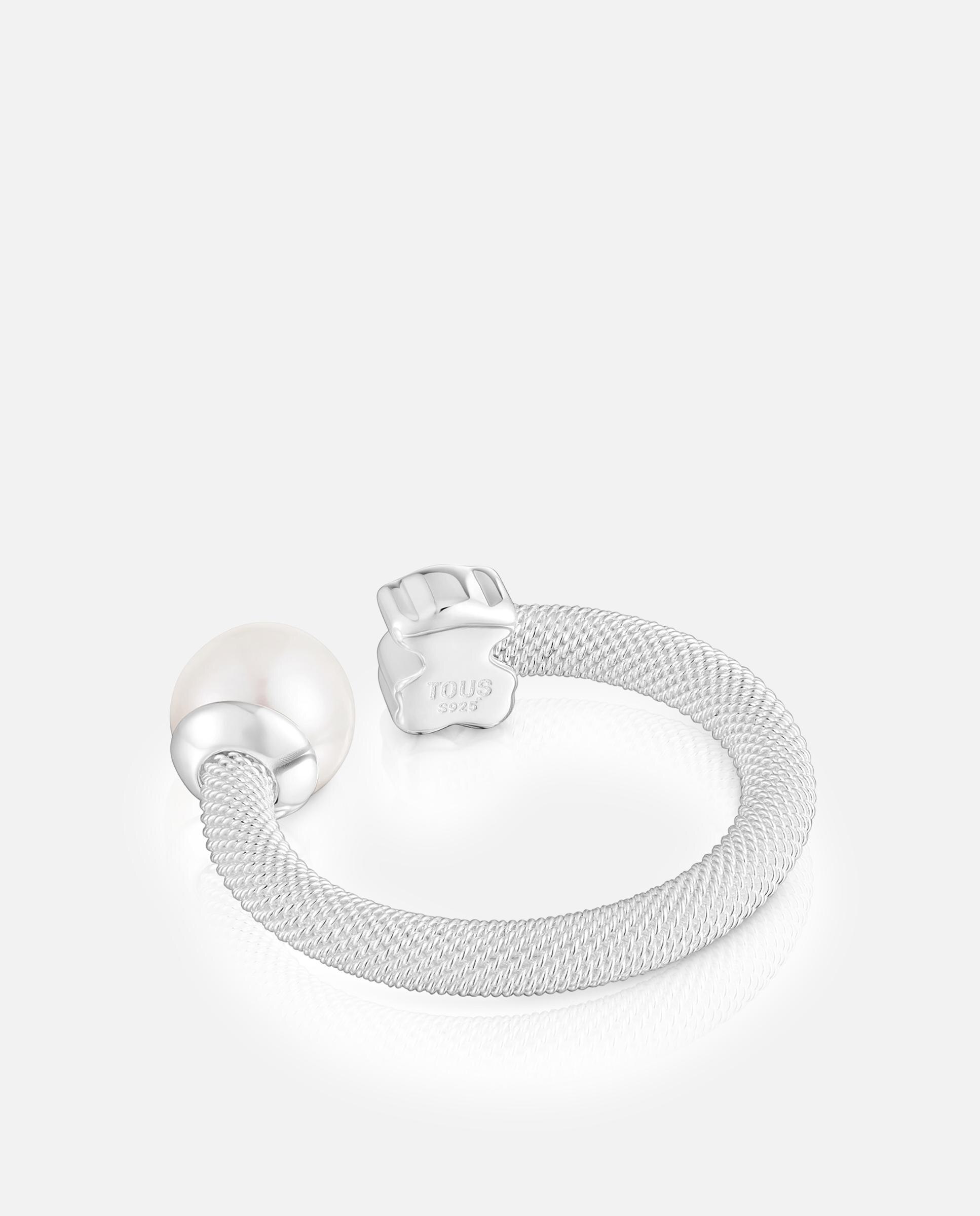 Anel com Pedras Aberto Icon Mesh de Prata e Pérola Branco-3