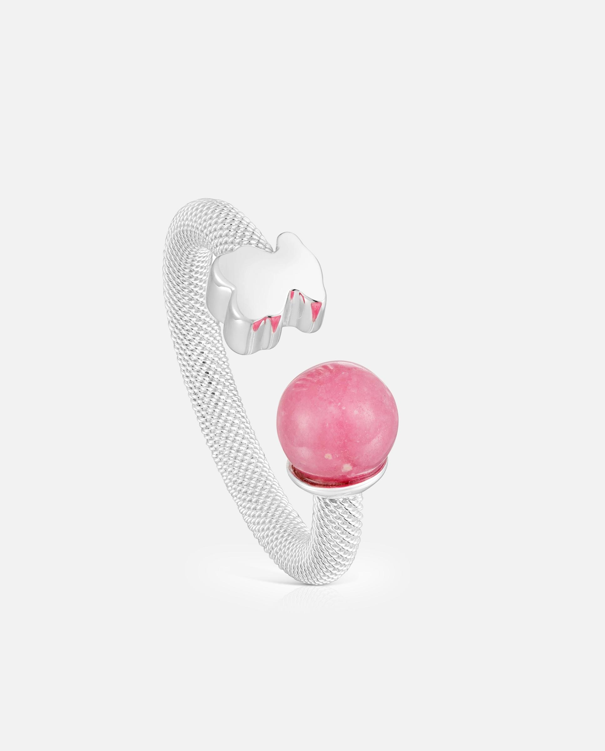 Anel com Pedra Icon Mesh de Prata e Rodonita Rosa-1
