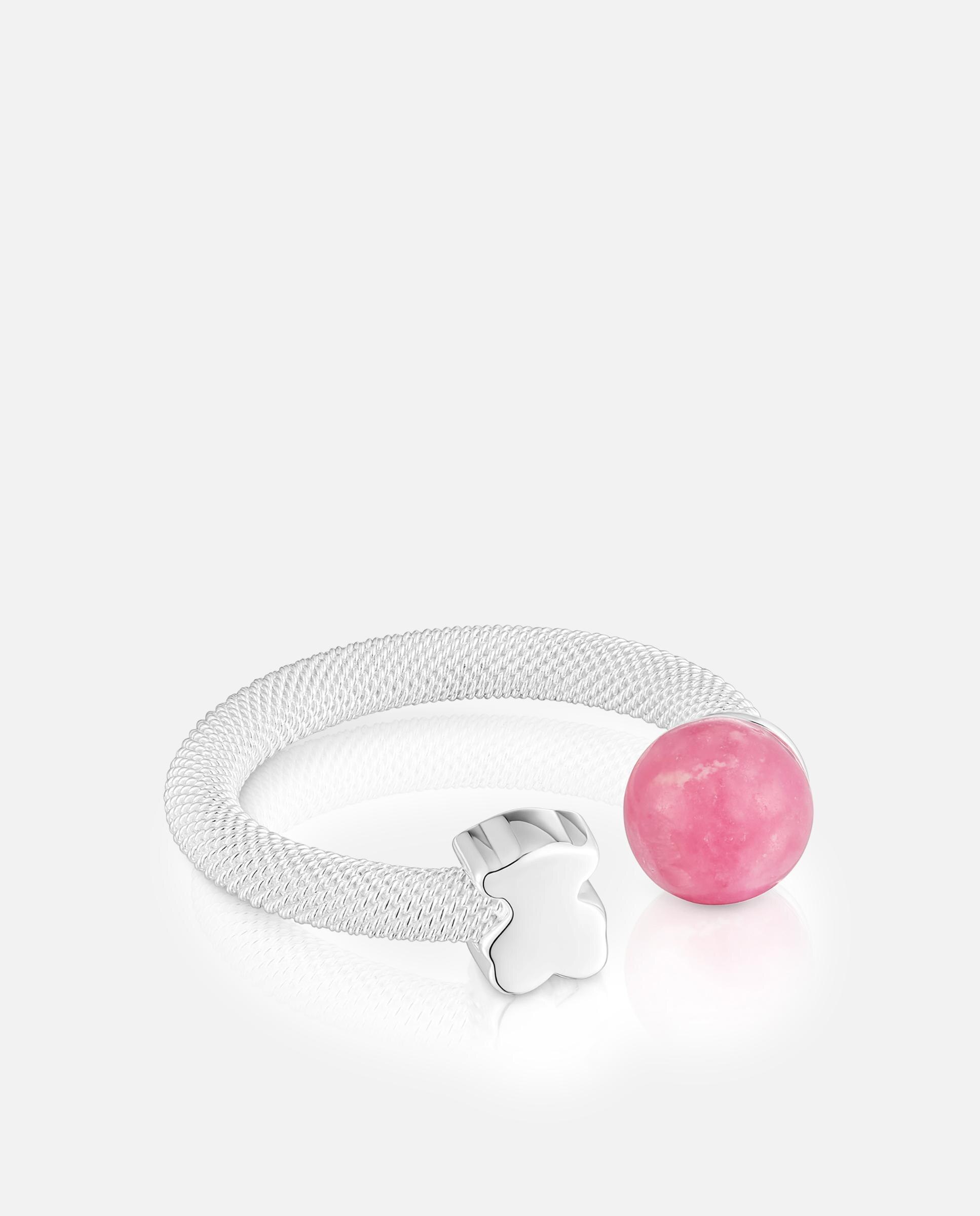 Anel com Pedra Icon Mesh de Prata e Rodonita Rosa-2