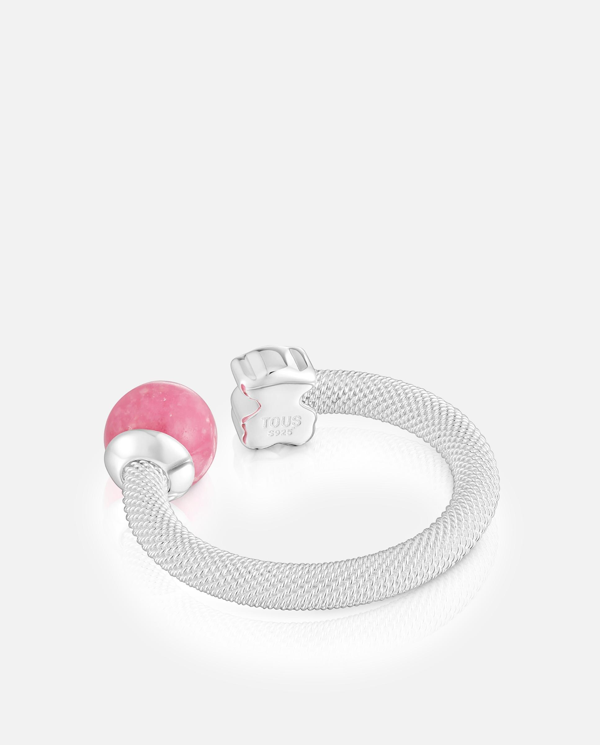 Anel com Pedra Icon Mesh de Prata e Rodonita Rosa-3