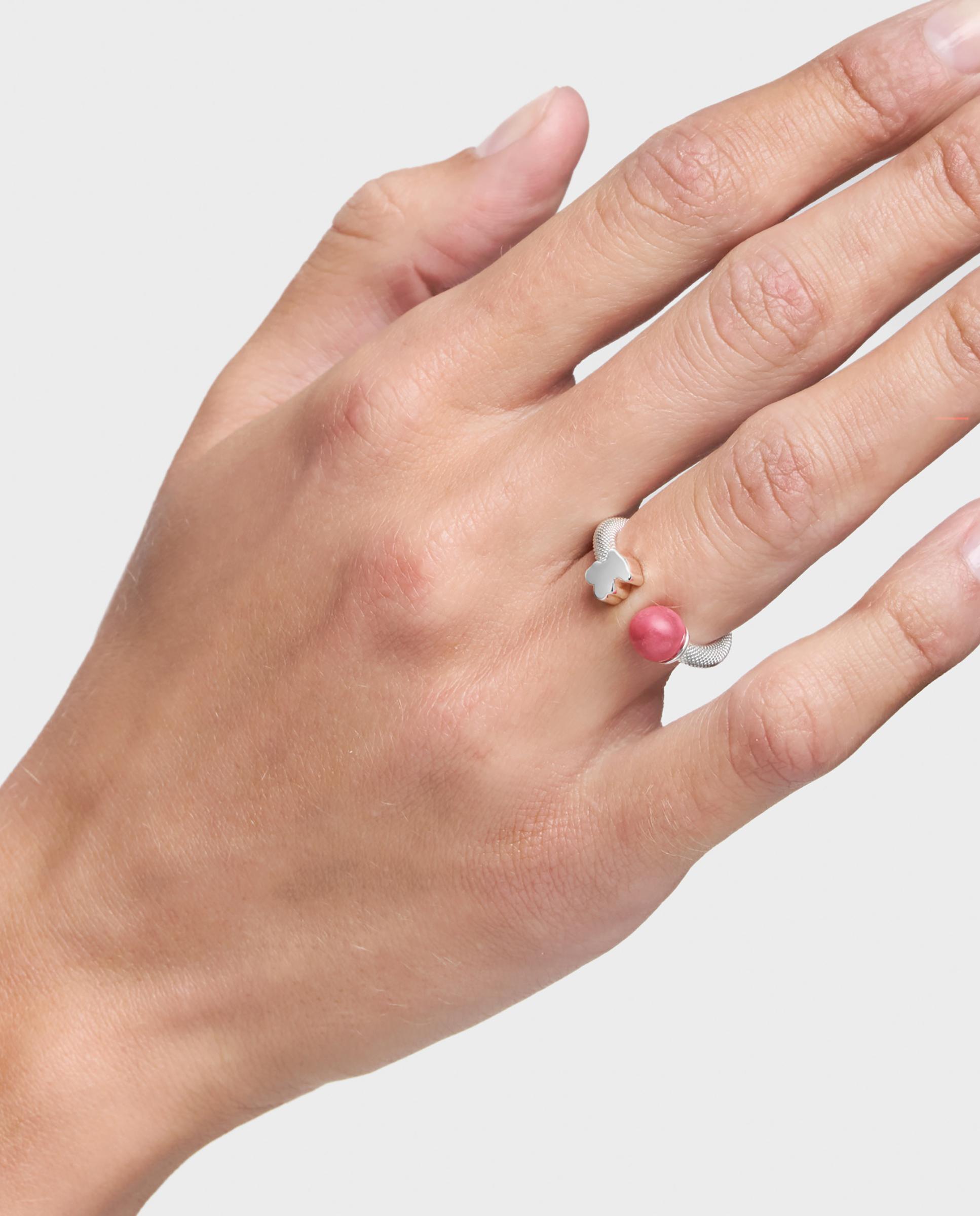 Anel com Pedra Icon Mesh de Prata e Rodonita Rosa-6