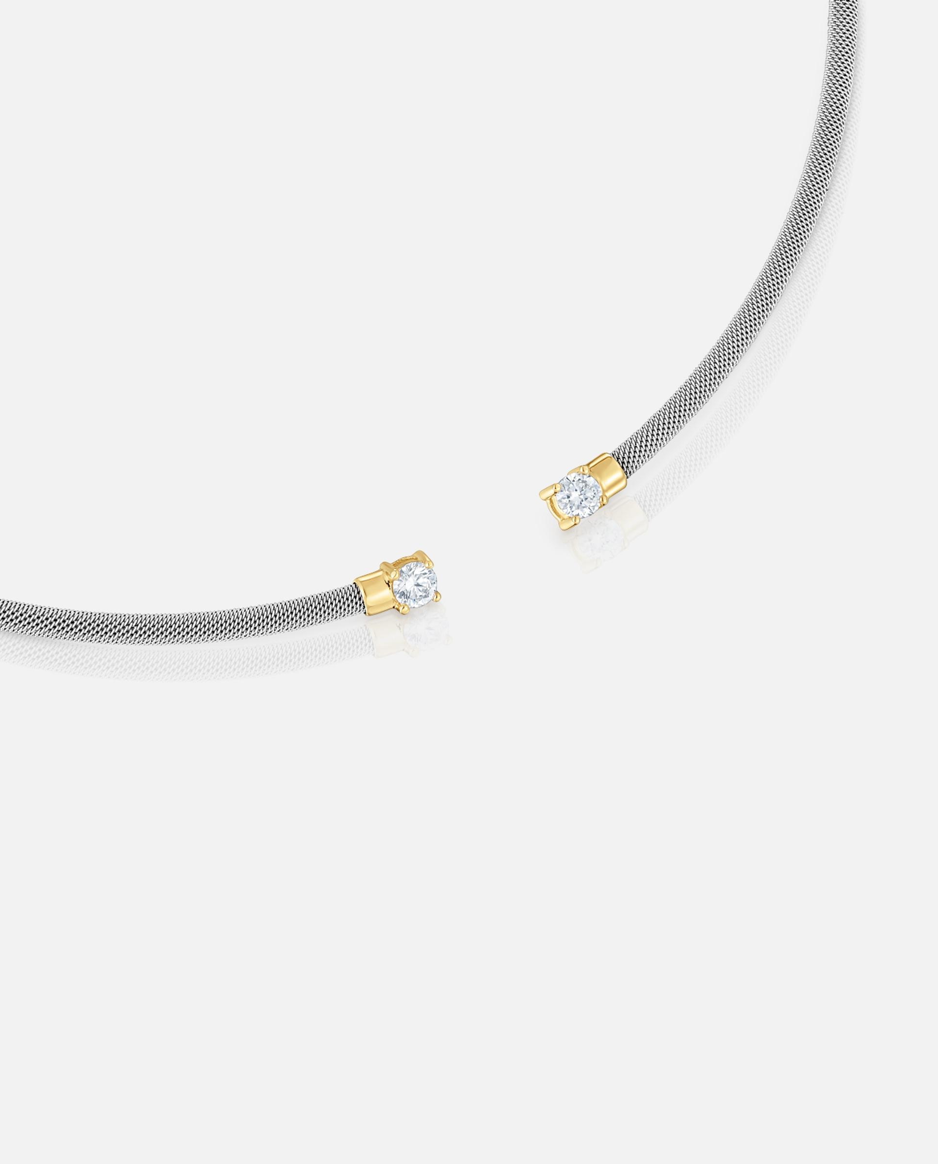 Colar Aberto Mesh Lgd de Aço, Ouro 14 Kt e Diamantes Prata-2