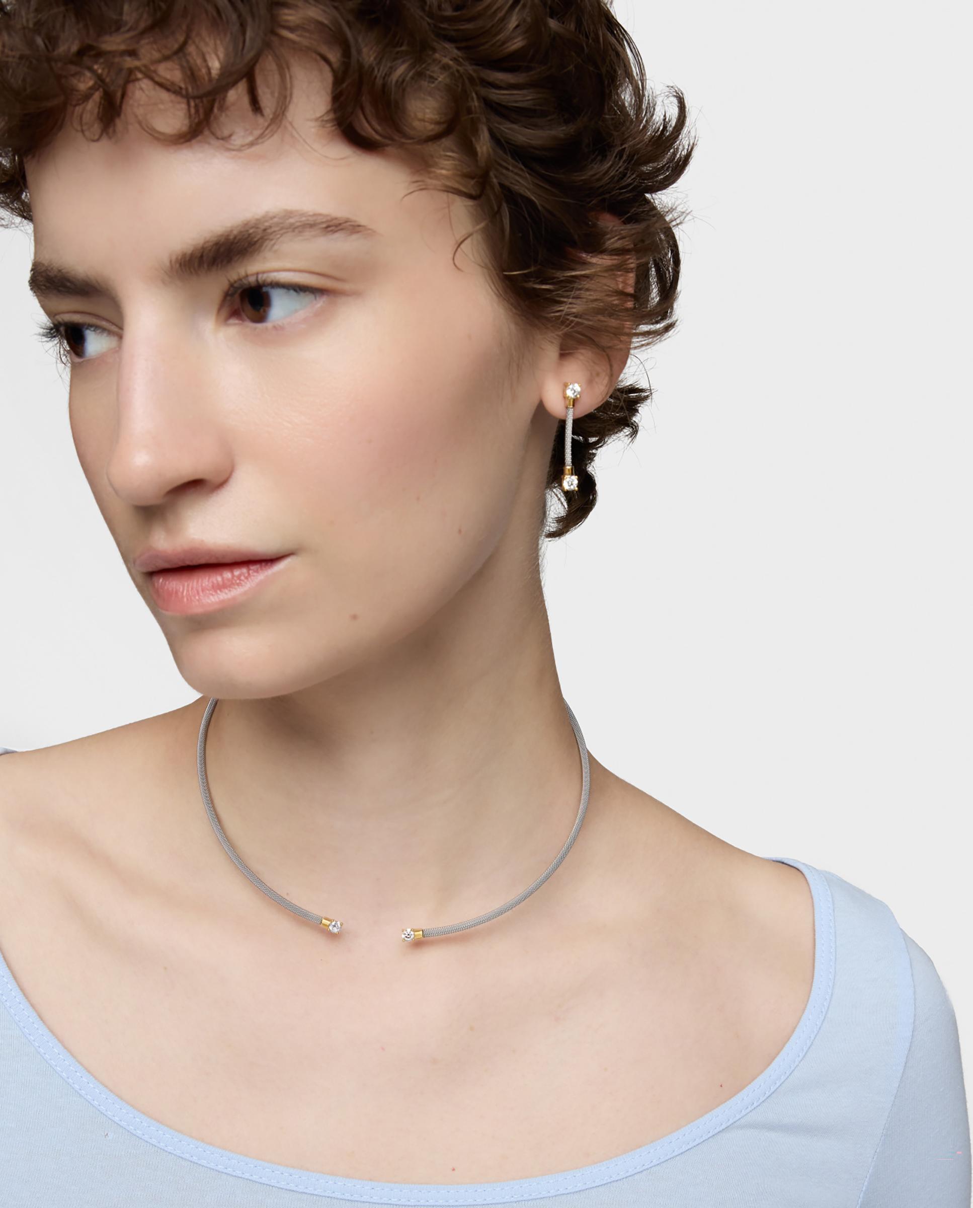 Colar Aberto Mesh Lgd de Aço, Ouro 14 Kt e Diamantes Prata-4