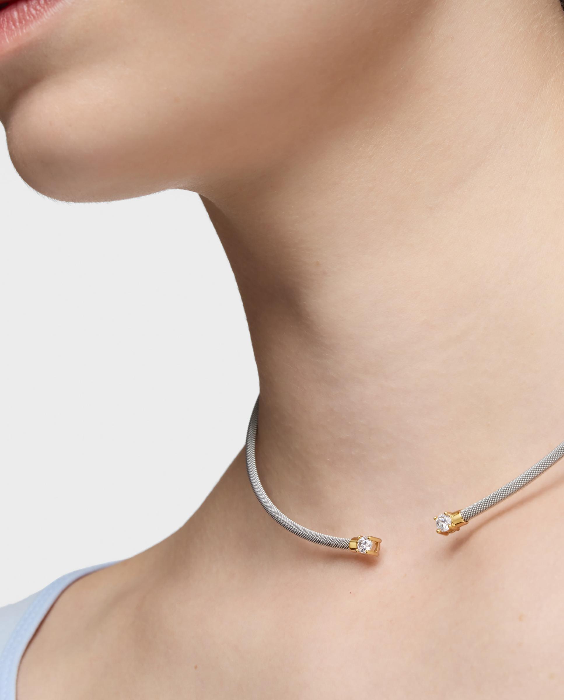Colar Aberto Mesh Lgd de Aço, Ouro 14 Kt e Diamantes Prata-5