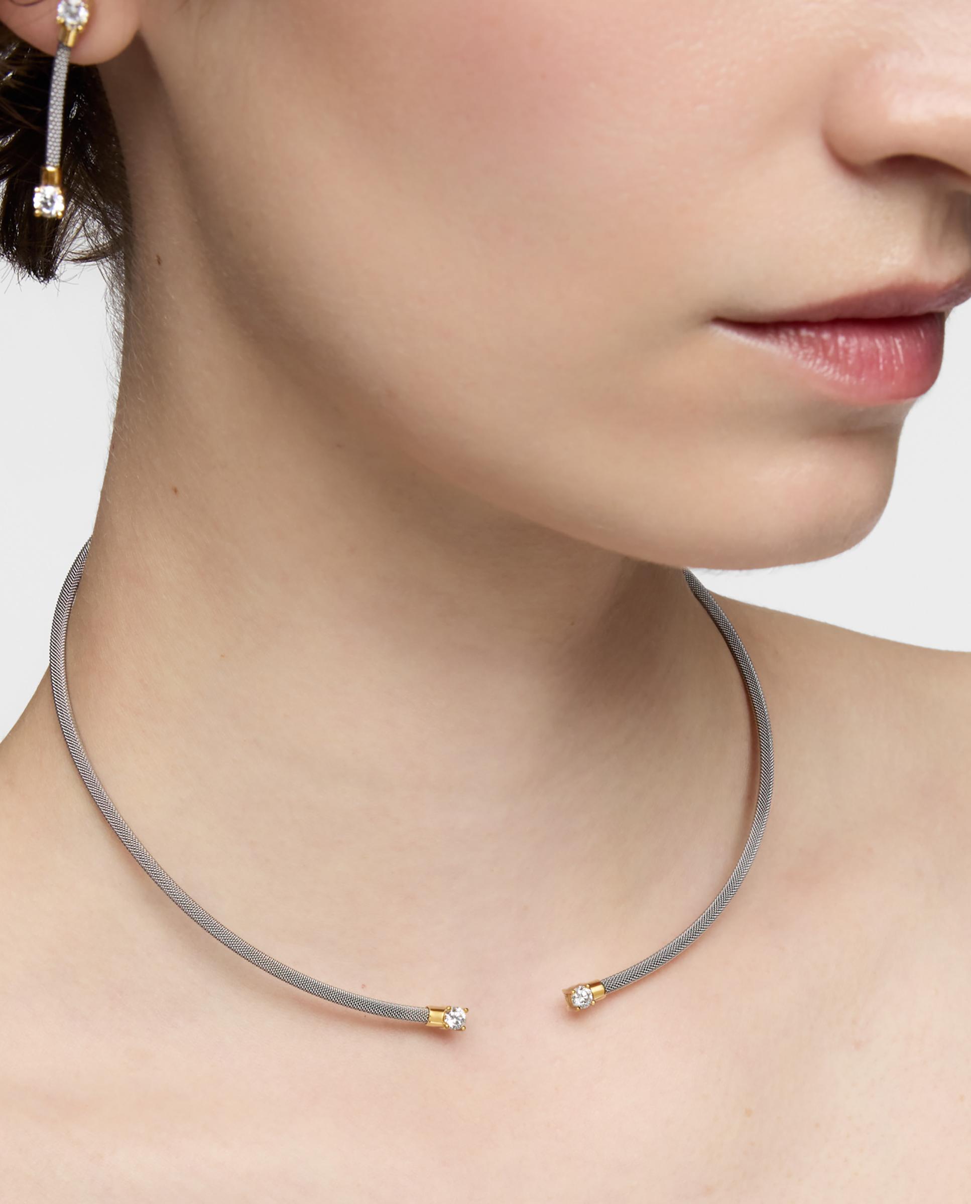 Colar Aberto Mesh Lgd de Aço, Ouro 14 Kt e Diamantes Prata-6