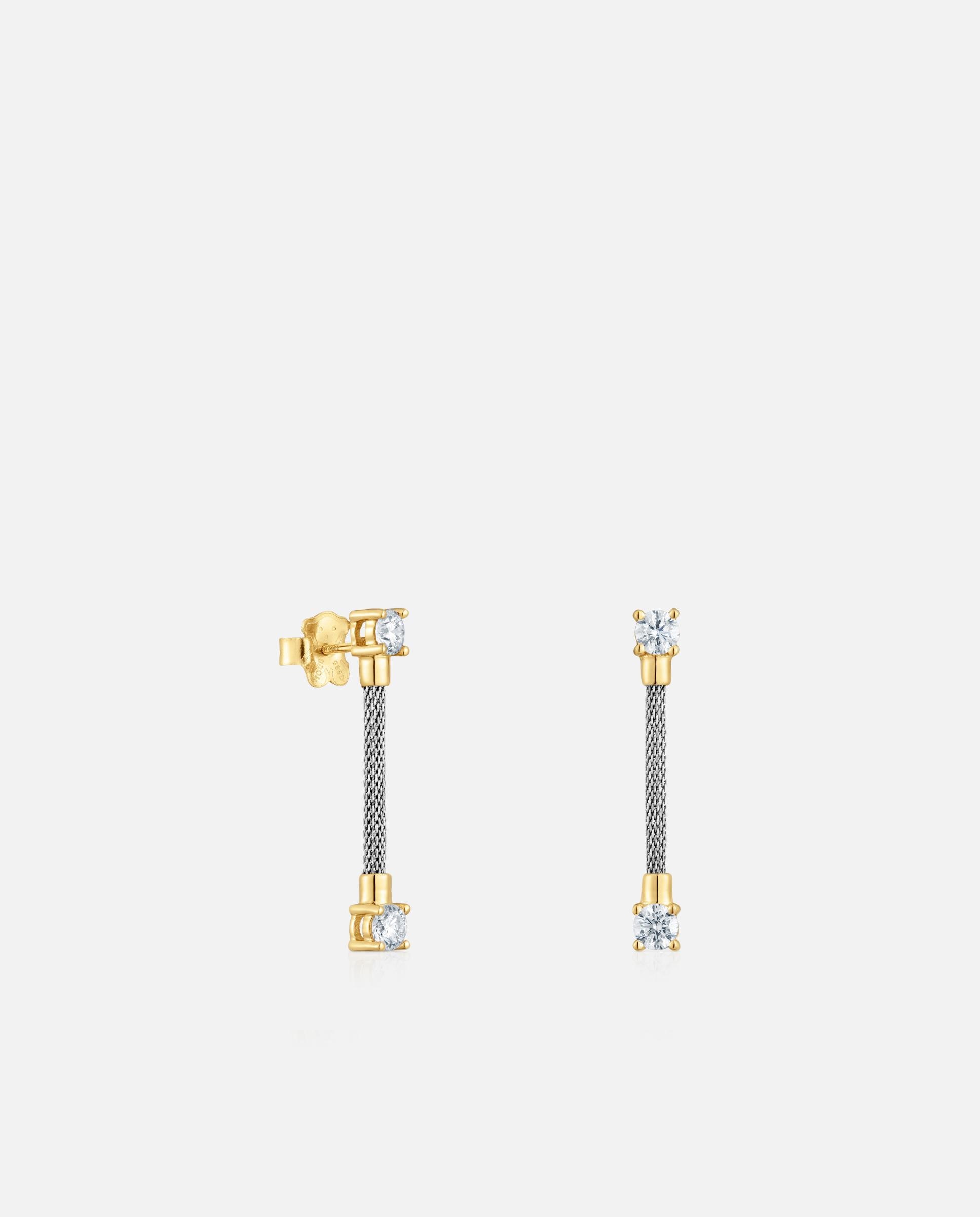 Brincos Mesh Lgd Compridos de Aço, Ouro 14 Kt e Diamantes Branco-1