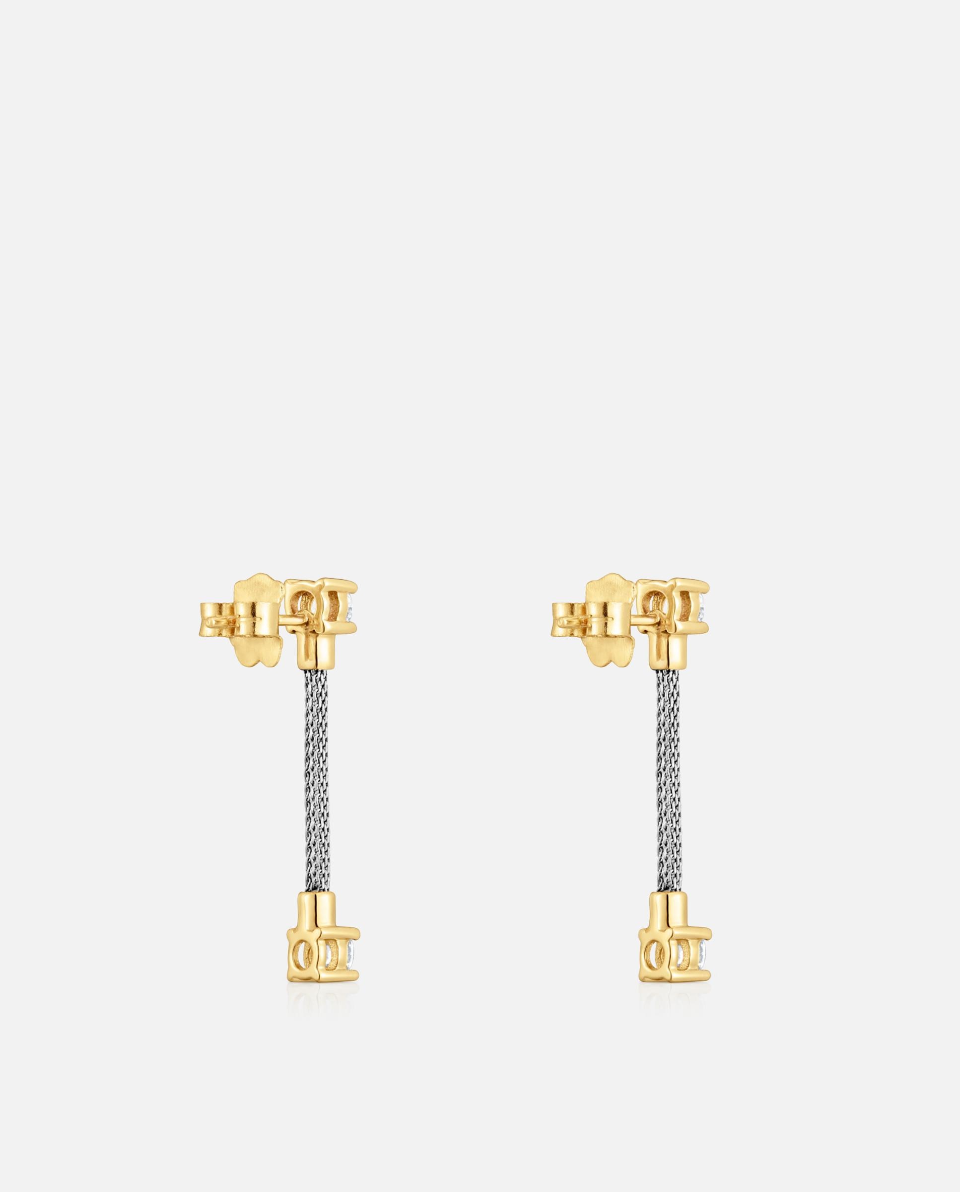 Brincos Mesh Lgd Compridos de Aço, Ouro 14 Kt e Diamantes Branco-3