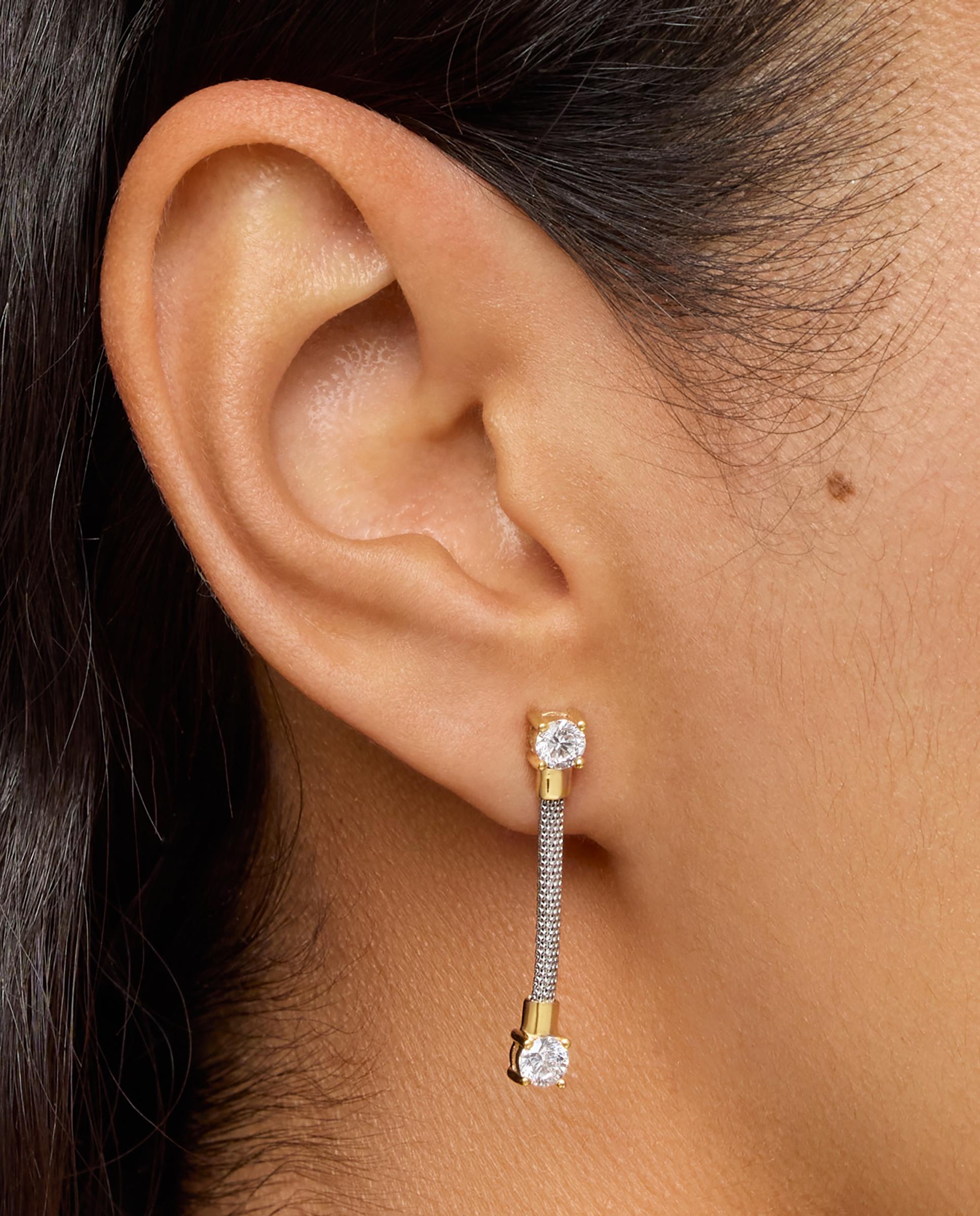 Brincos Mesh Lgd Compridos de Aço, Ouro 14 Kt e Diamantes Branco-6