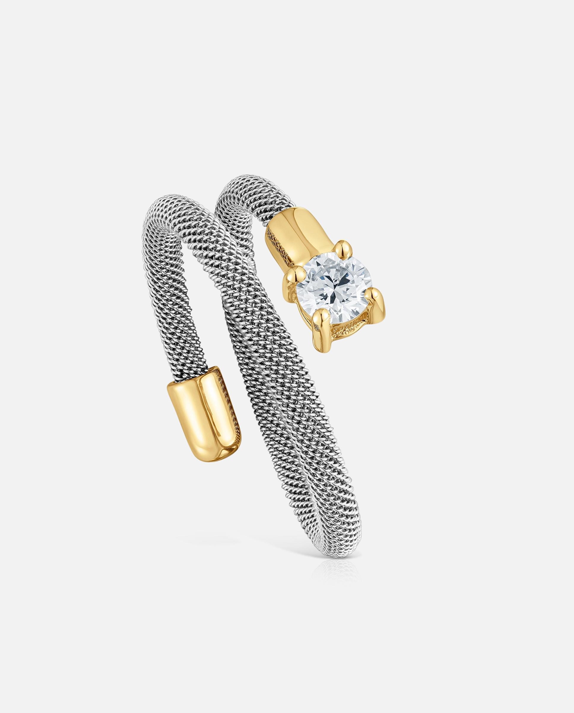 Anel Mesh Lgd Espiral de Aço, Ouro 14 Kt e Diamantes Criados em Laboratório Branco-1