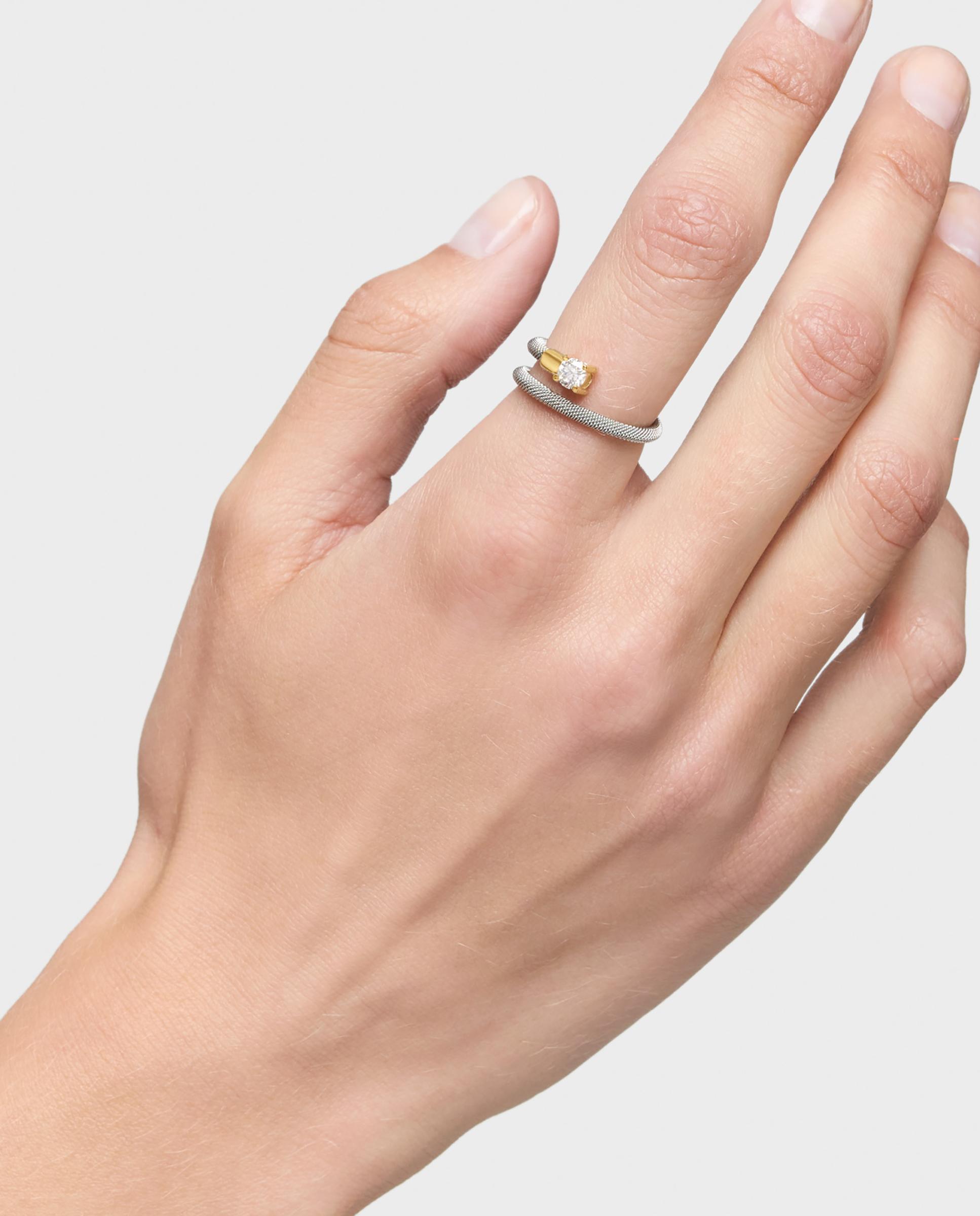 Anel Mesh Lgd Espiral de Aço, Ouro 14 Kt e Diamantes Criados em Laboratório Branco-6