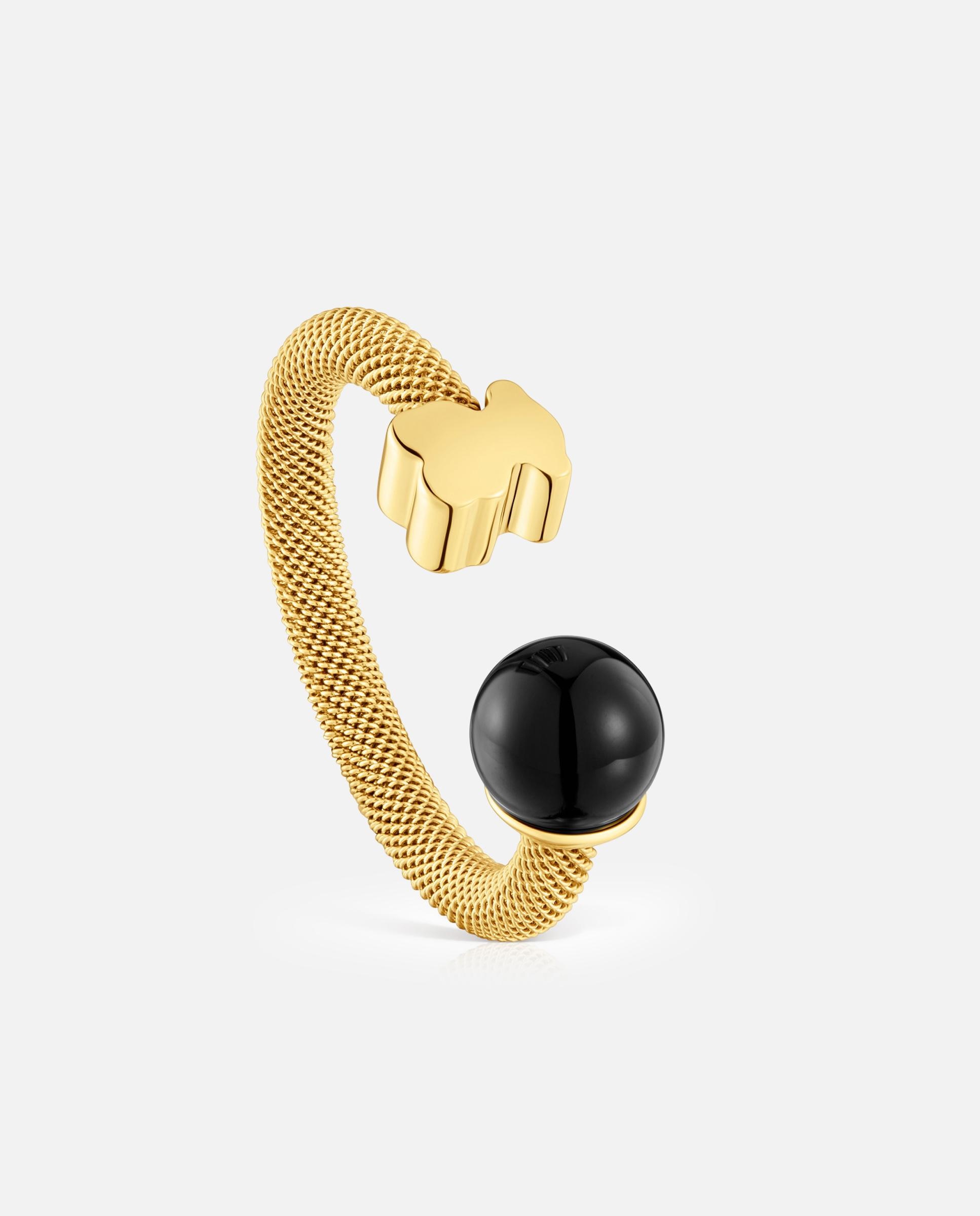 Anel Icon Mesh Aberto de Aço Dourado e Onix Preto-1