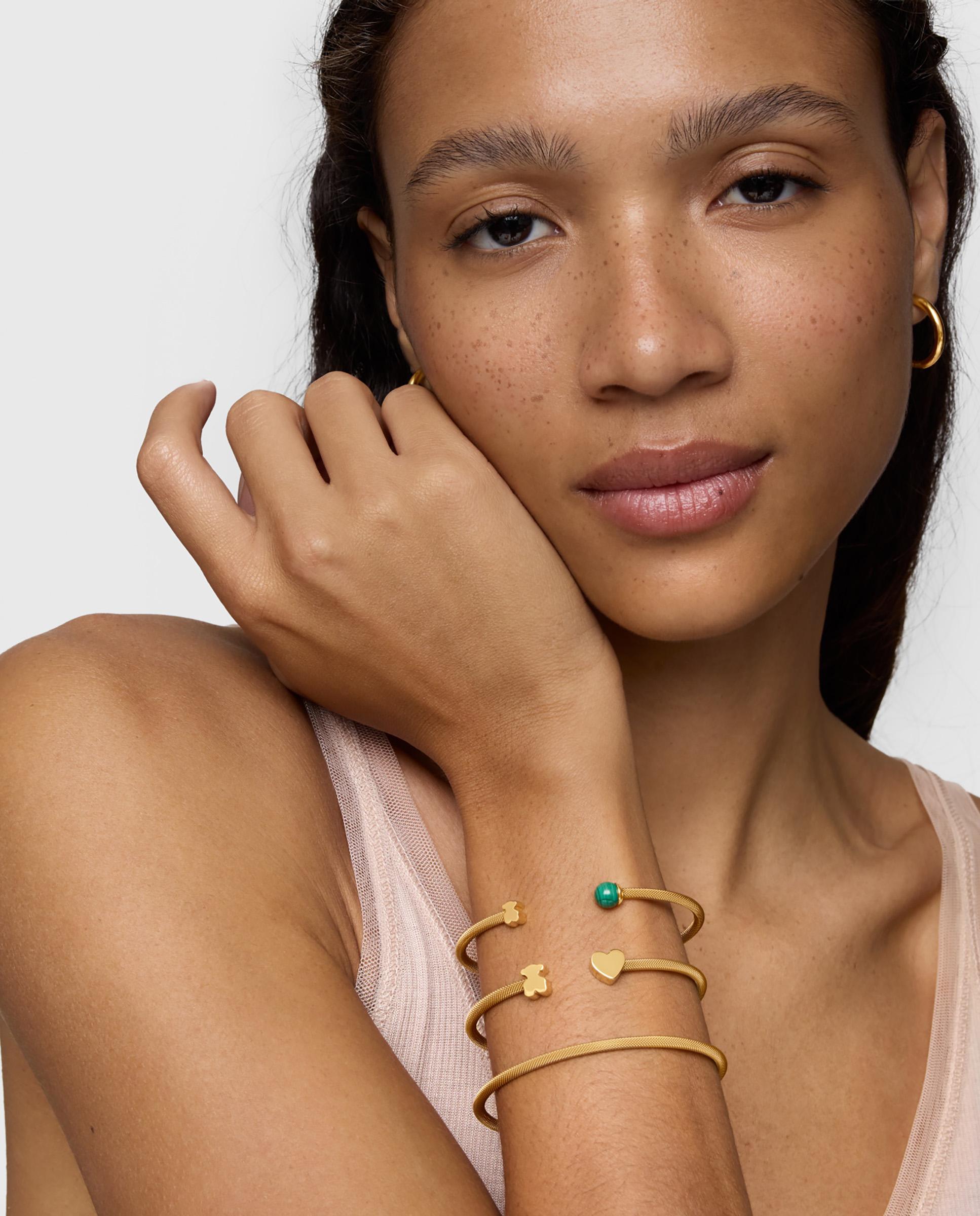 Pulseira Rígida Icon Mesh de Aço Dourado e Malaquita Verde-5