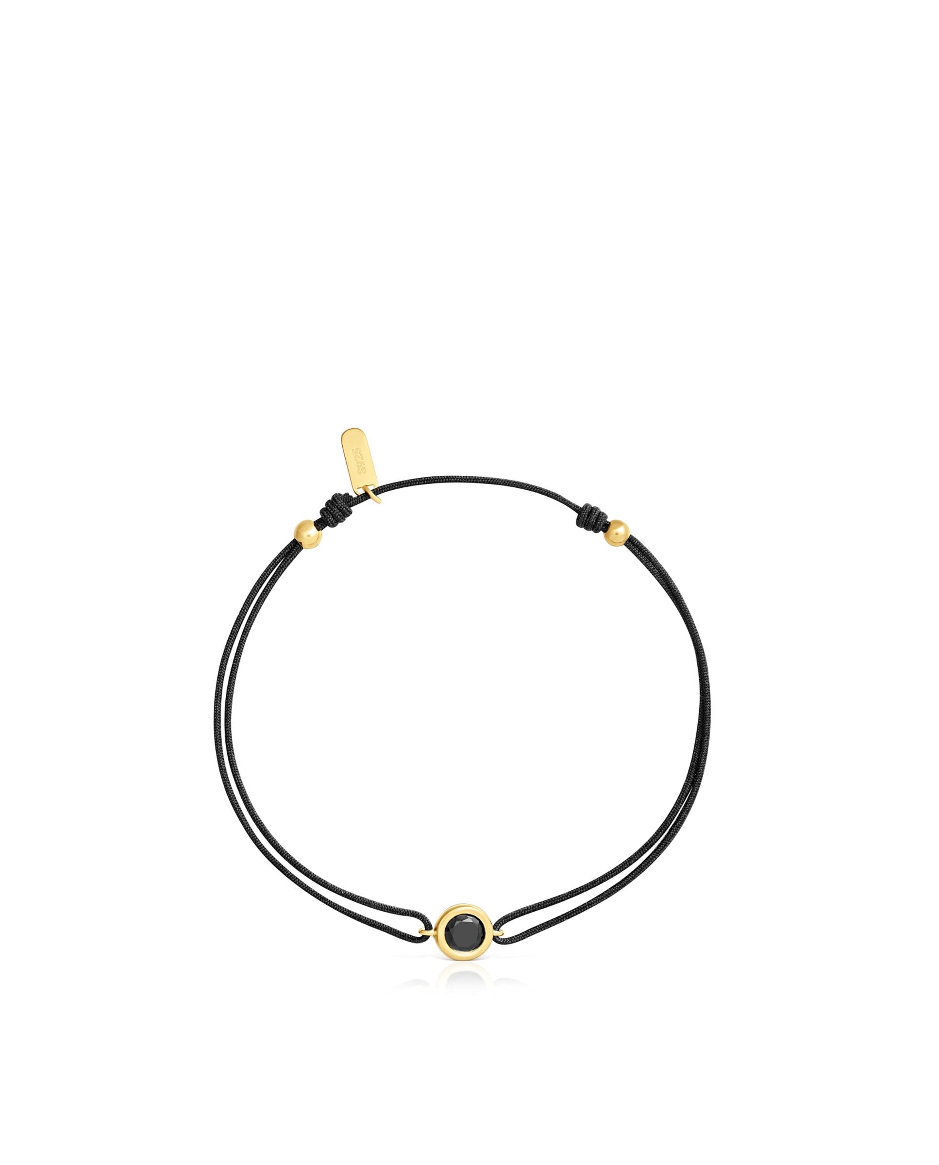 Pulseira de Nylon em Preto com Banho de Ouro 18 Kt Sobre Prata e Espinela em Preto Line Preto-2