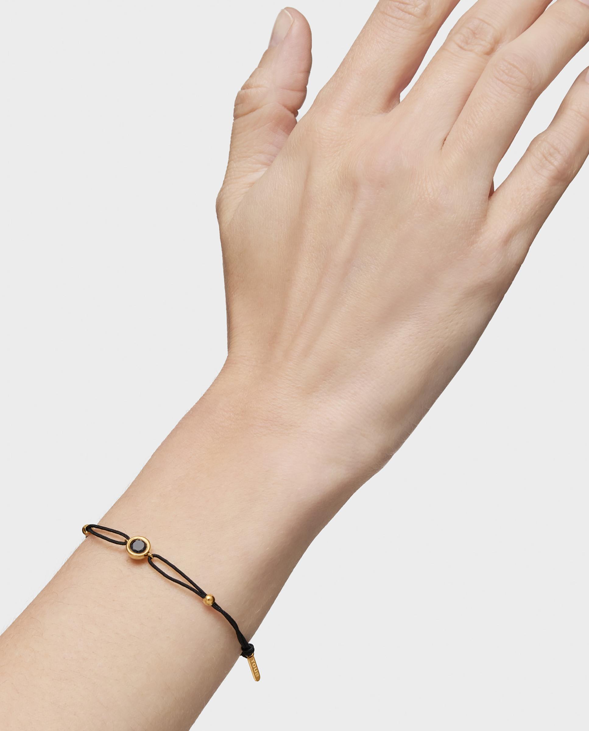 Pulseira de Nylon em Preto com Banho de Ouro 18 Kt Sobre Prata e Espinela em Preto Line Preto-6