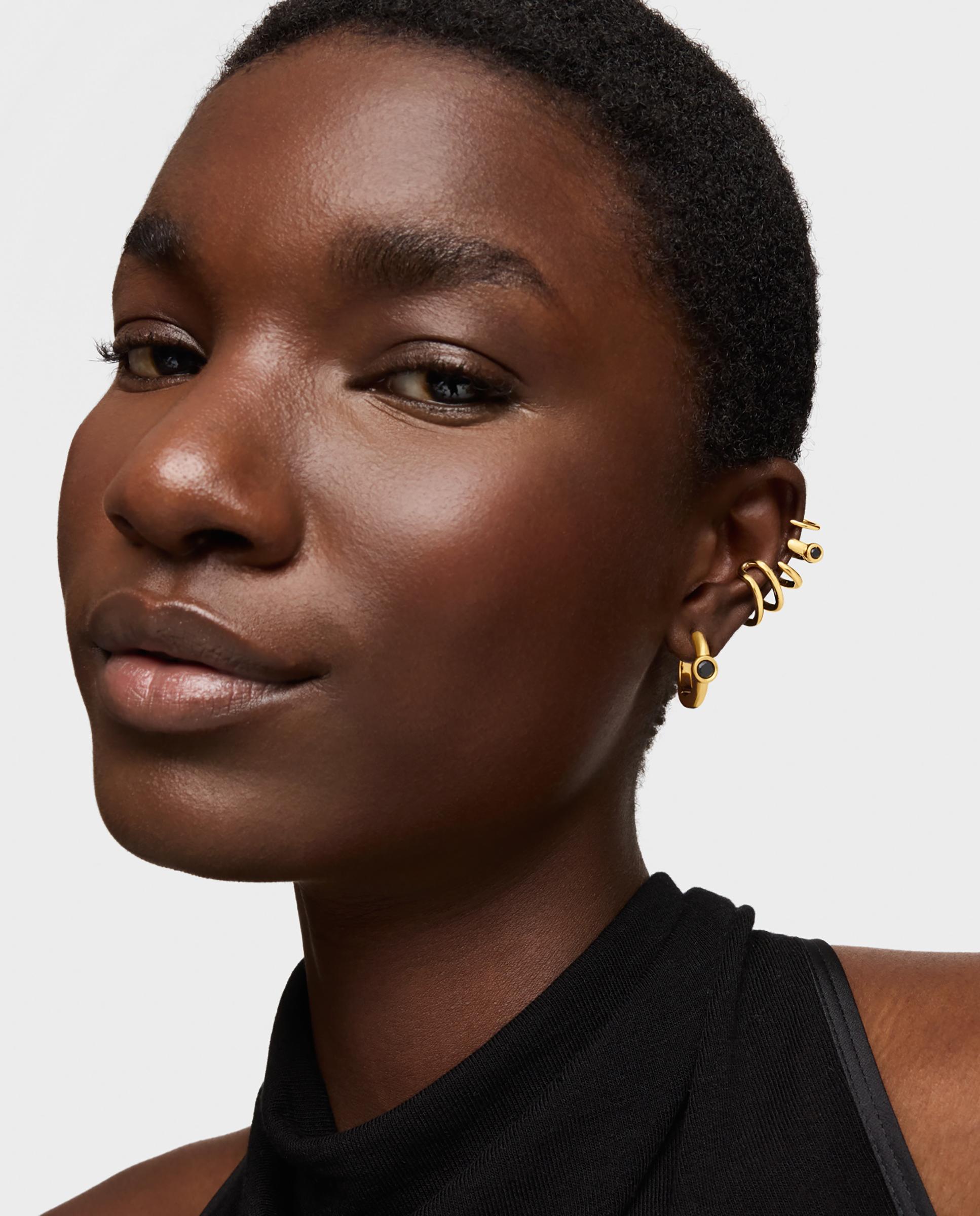Brincos Trepador Earcuff 5 Argolas com Banho de Ouro 18 Kt Sobre Prata e Espinela Negra Line Preto-4