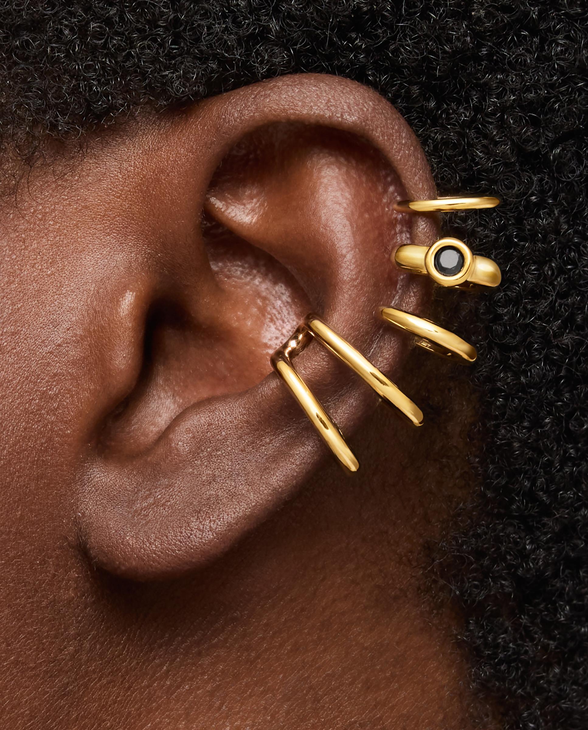 Brincos Trepador Earcuff 5 Argolas com Banho de Ouro 18 Kt Sobre Prata e Espinela Negra Line Preto-5